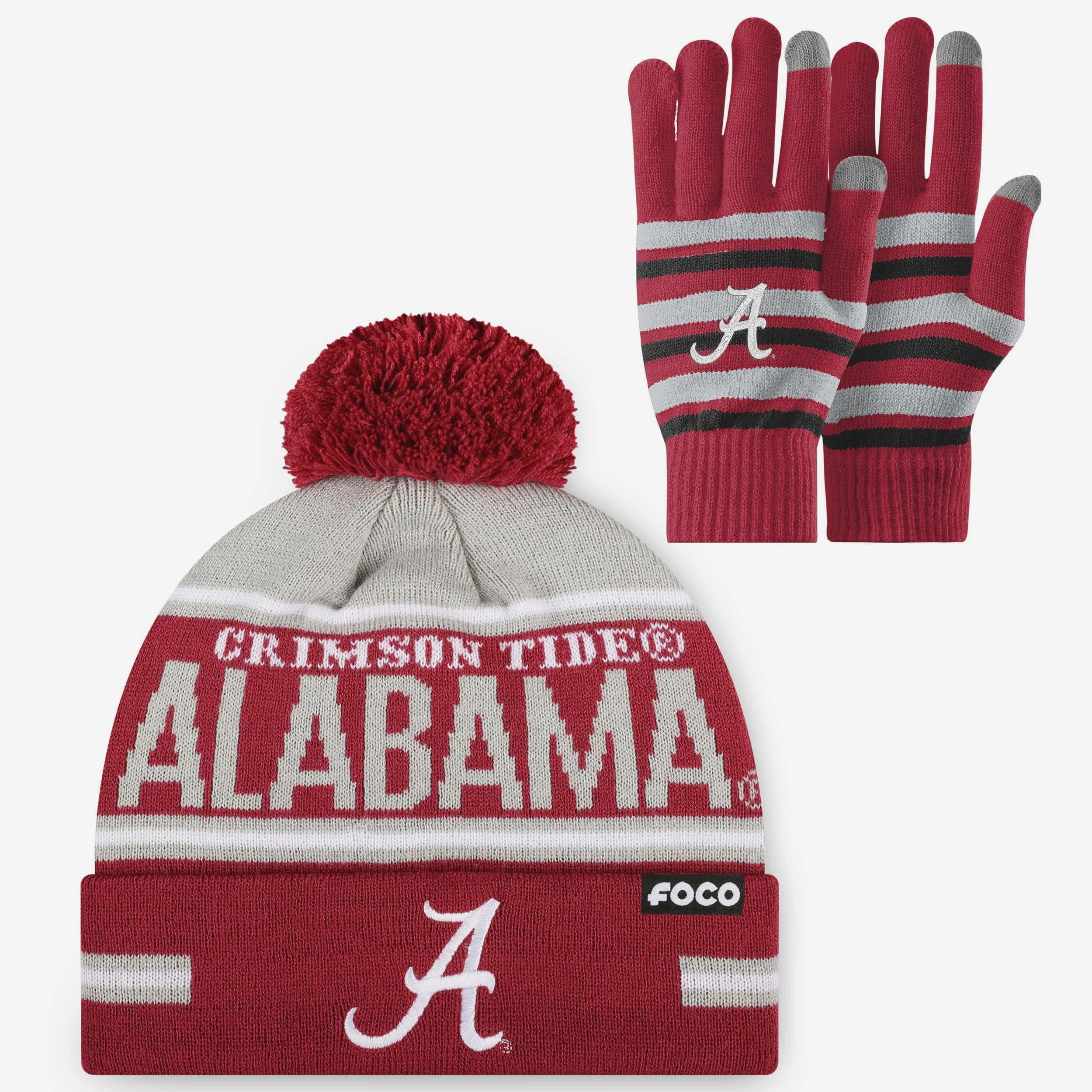 Alabama Crimson Tide Stretch Glove & Big Wordmark Stripe Pom Beanie Set