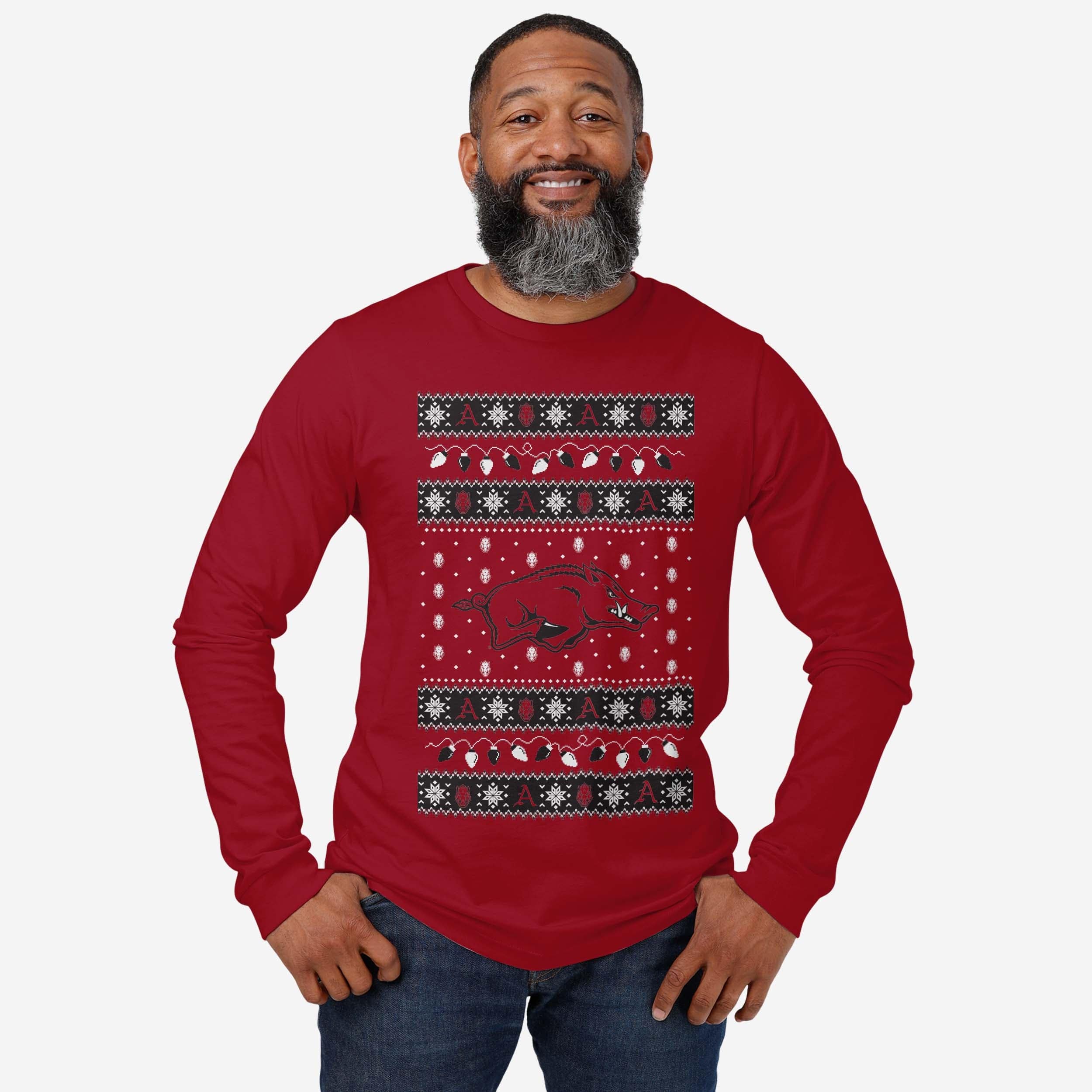 Arkansas Razorbacks Holiday Lights Sweater Long Sleeve T-Shirt - Image 2