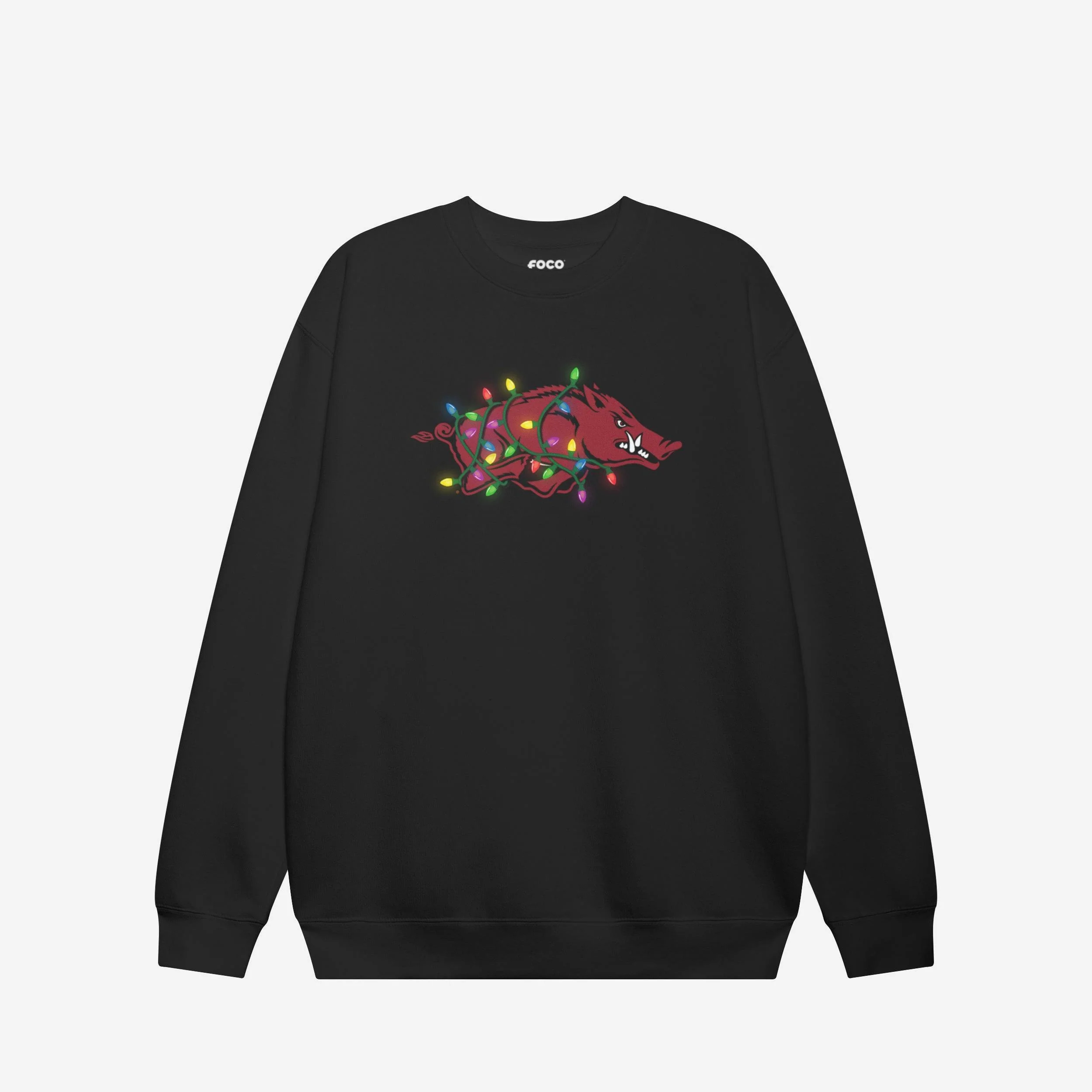 Arkansas Razorbacks Primary Logo Holiday Lights Crew Neck Sweatshirt