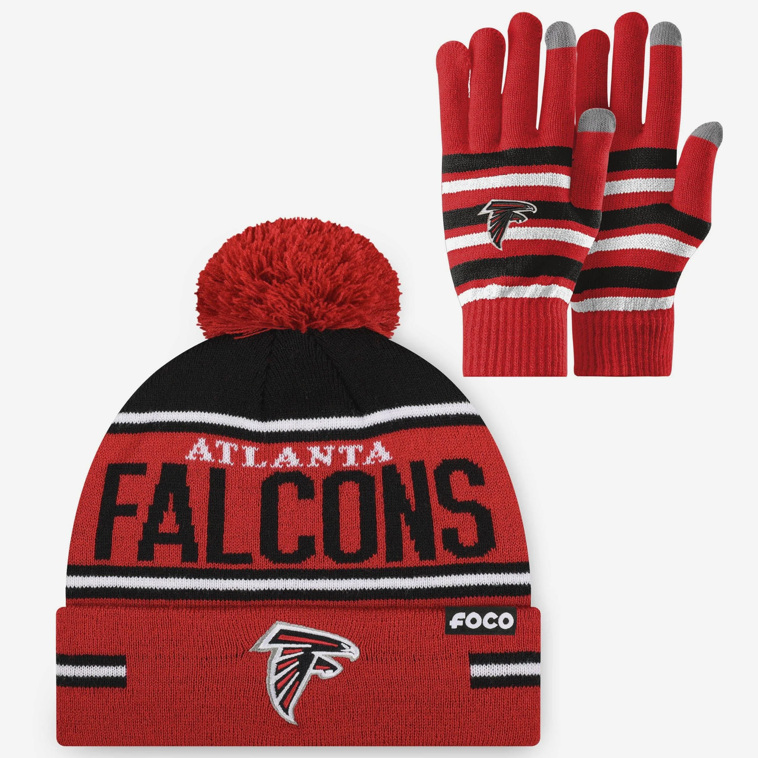 Atlanta Falcons Stretch Glove & Big Wordmark Stripe Pom Beanie Set