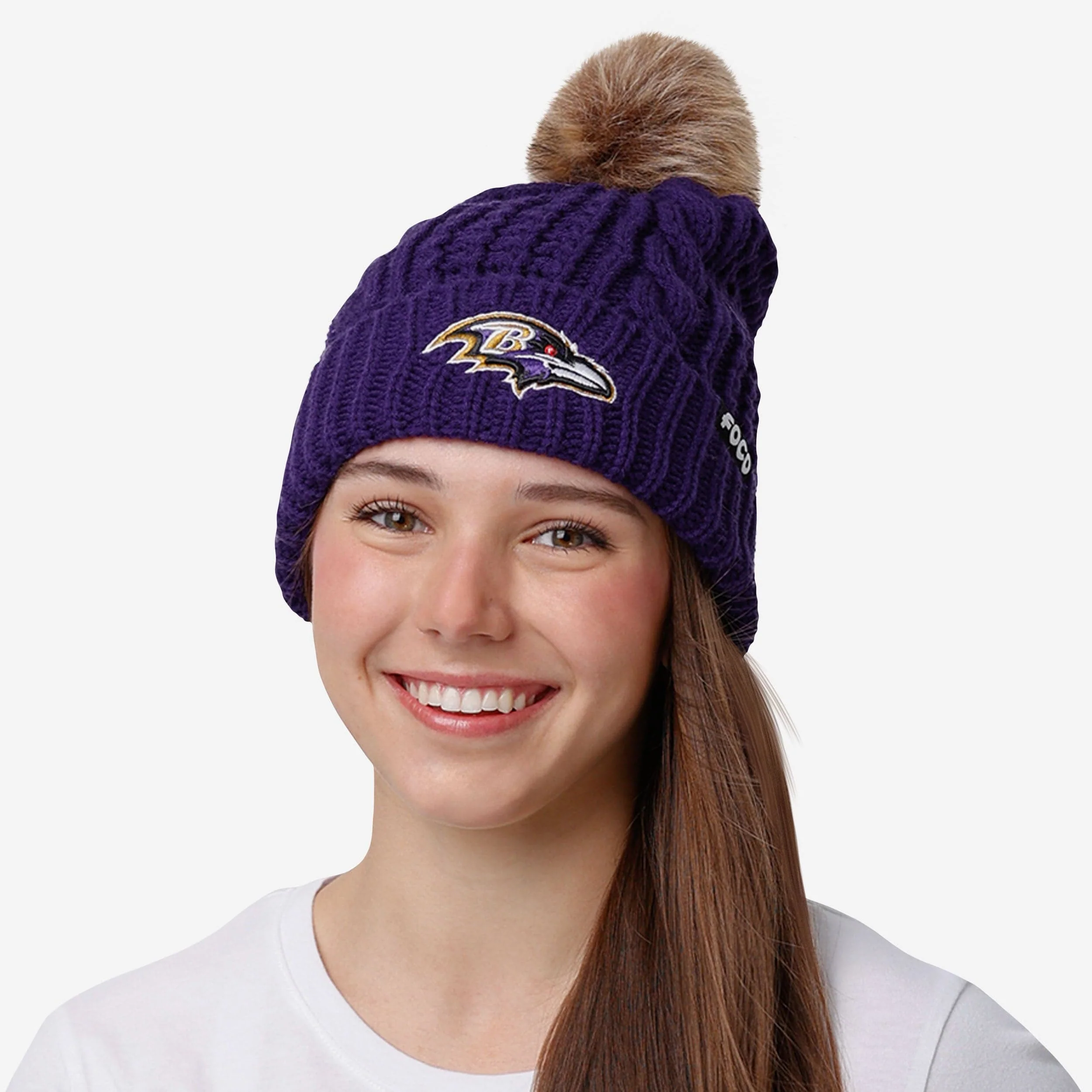 Baltimore Ravens Womens Faux Fur Pom Beanie - Image 3