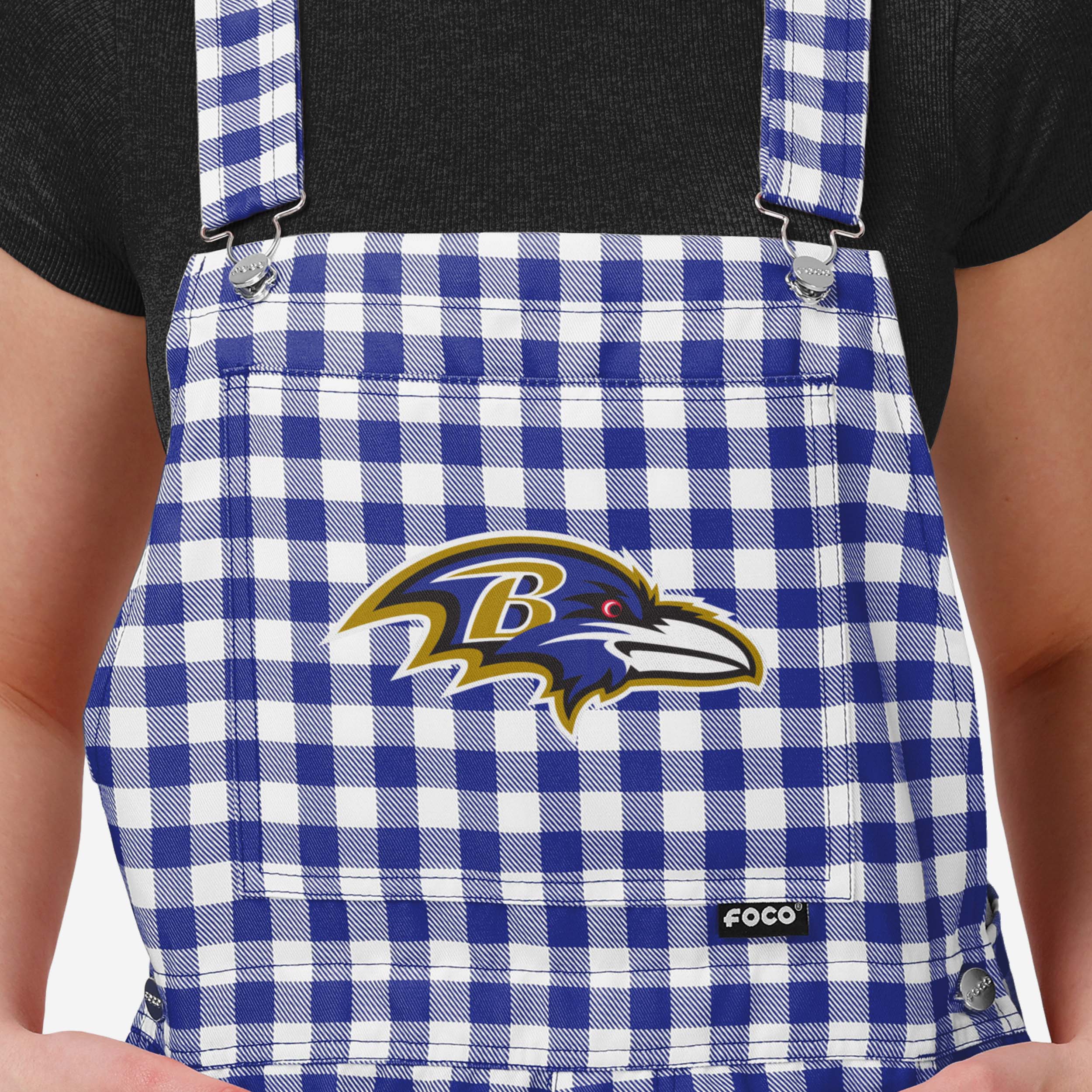 Baltimore Ravens Womens Gingham Check Bib Shortalls - Image 3
