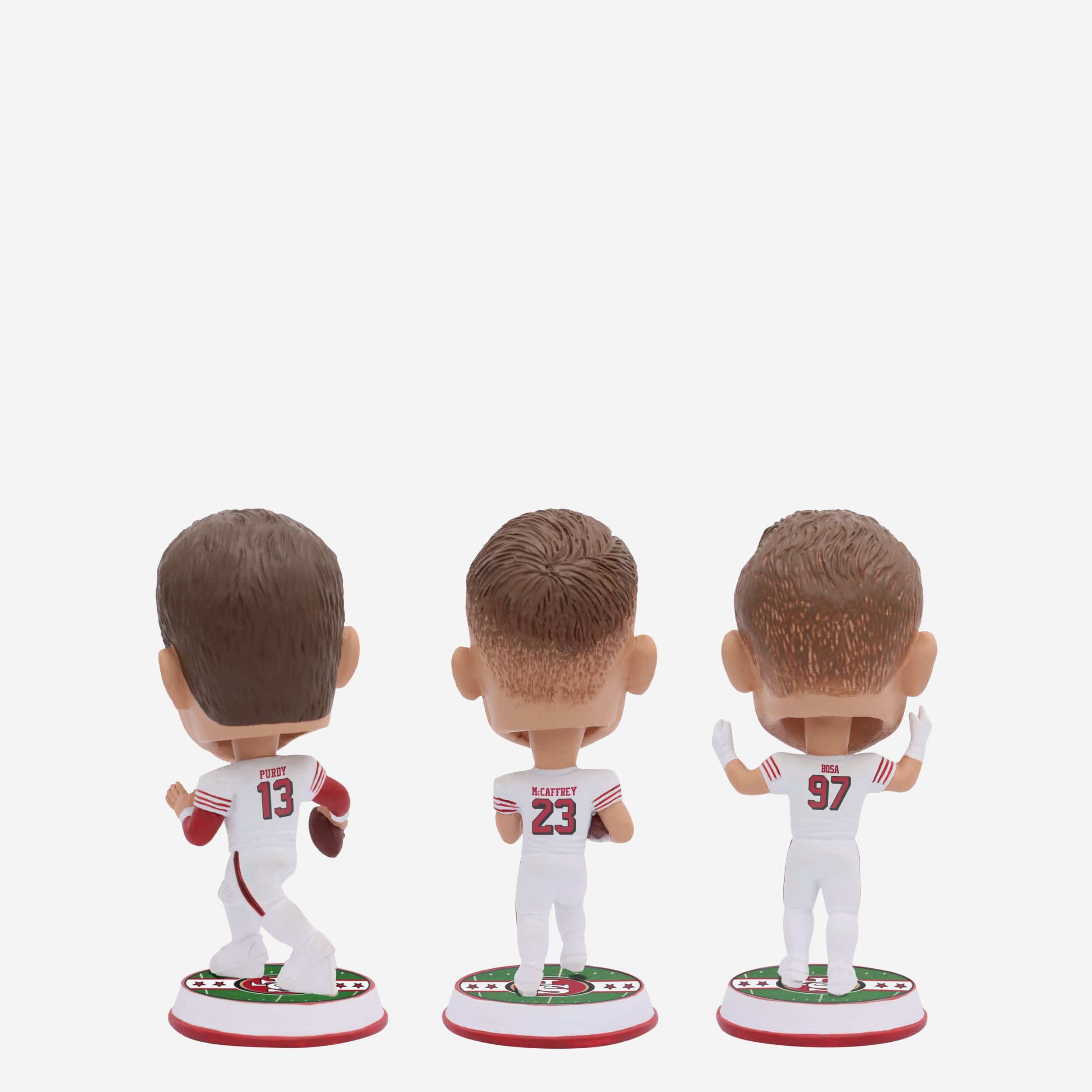 Brock Purdy & Christian McCaffrey & Nick Bosa San Francisco 49ers 3 Pack Field Stripe Mini Bighead Bobblehead Set - Image 2