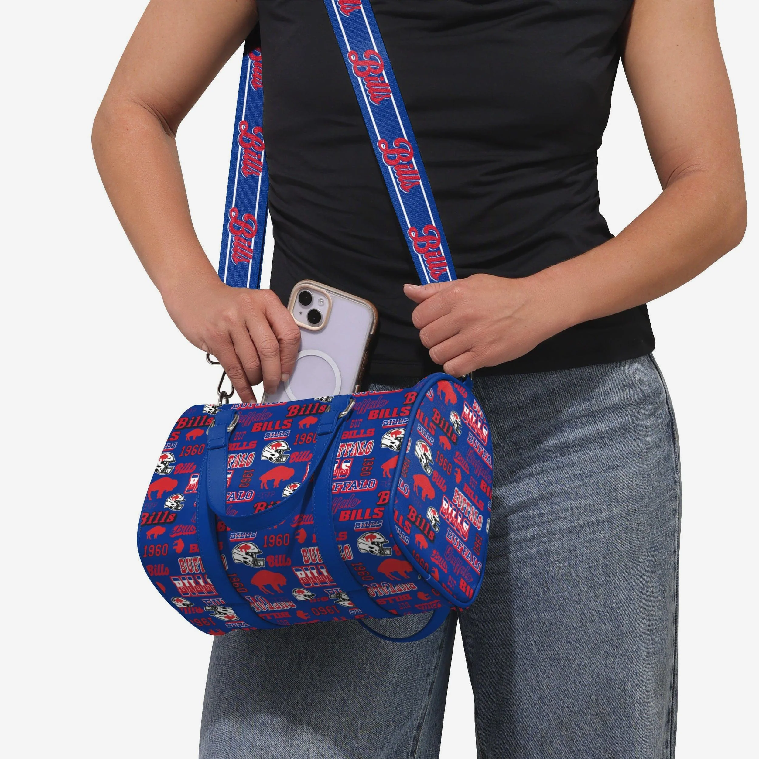Buffalo Bills Repeat Retro Print Nylon Medium Barrel Bag - Image 3