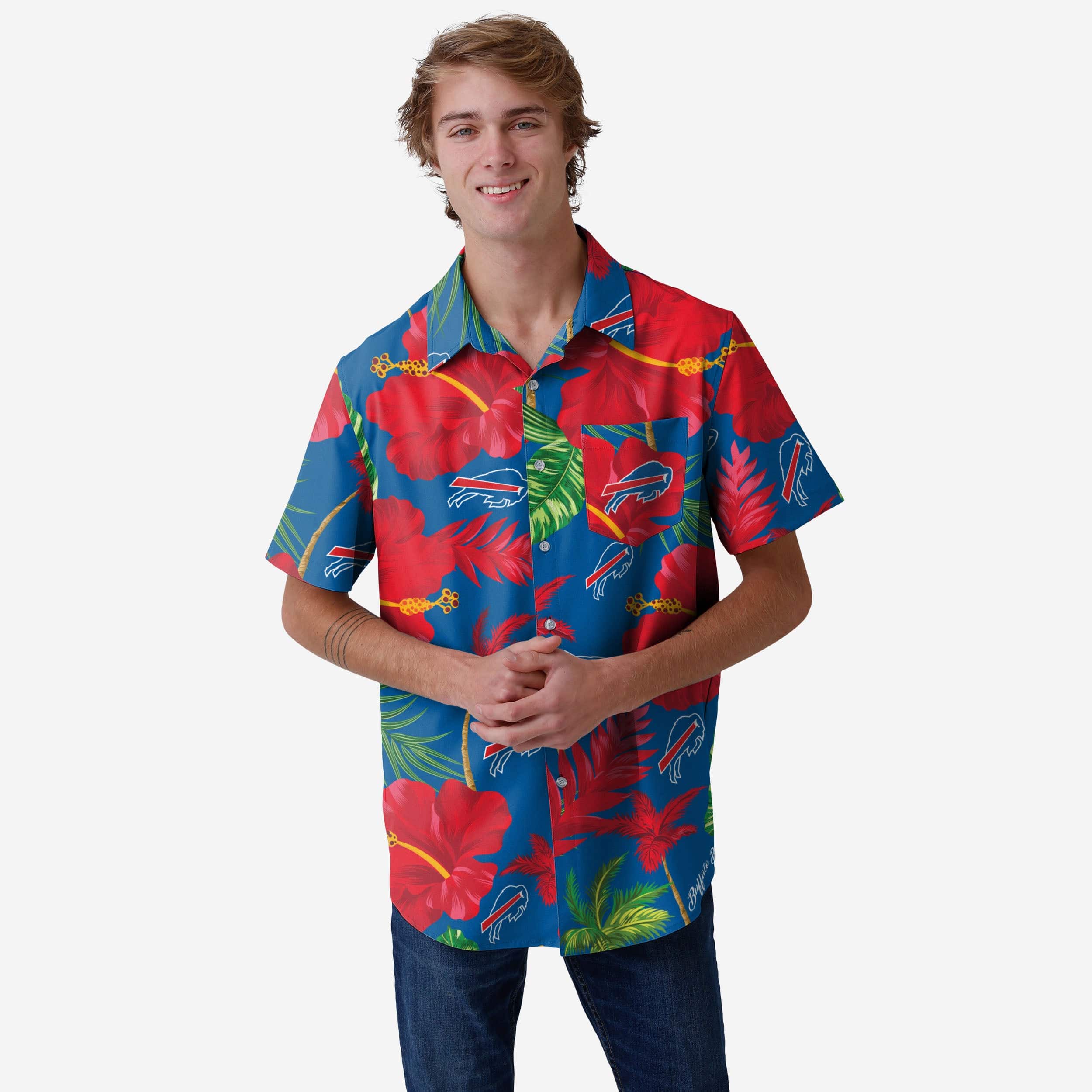 Buffalo Bills Team Color Hibiscus Button Up Shirt