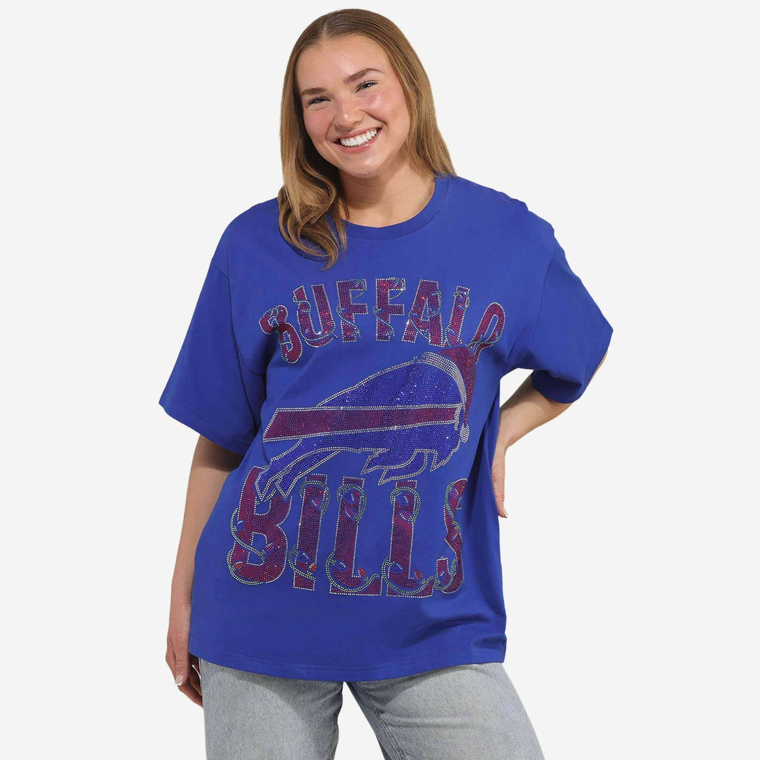 Buffalo Bills Womens Rhinestone Logo Oversized Holiday T-Shirt