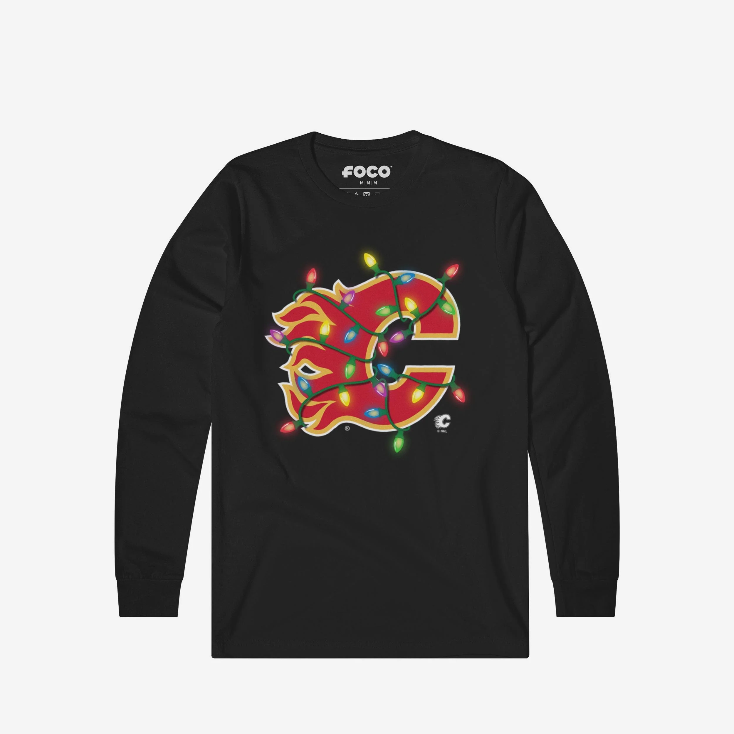Calgary Flames Primary Logo Holiday Lights Long Sleeve T-Shirt