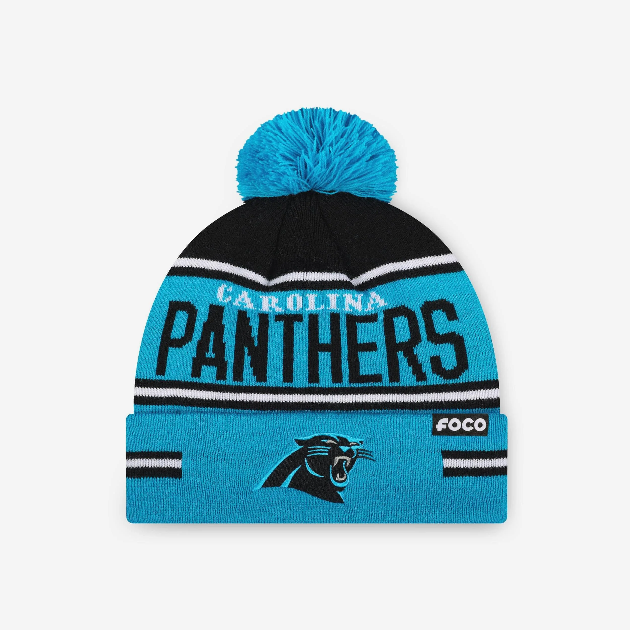 Carolina Panthers Big Wordmark Stripe Pom Beanie