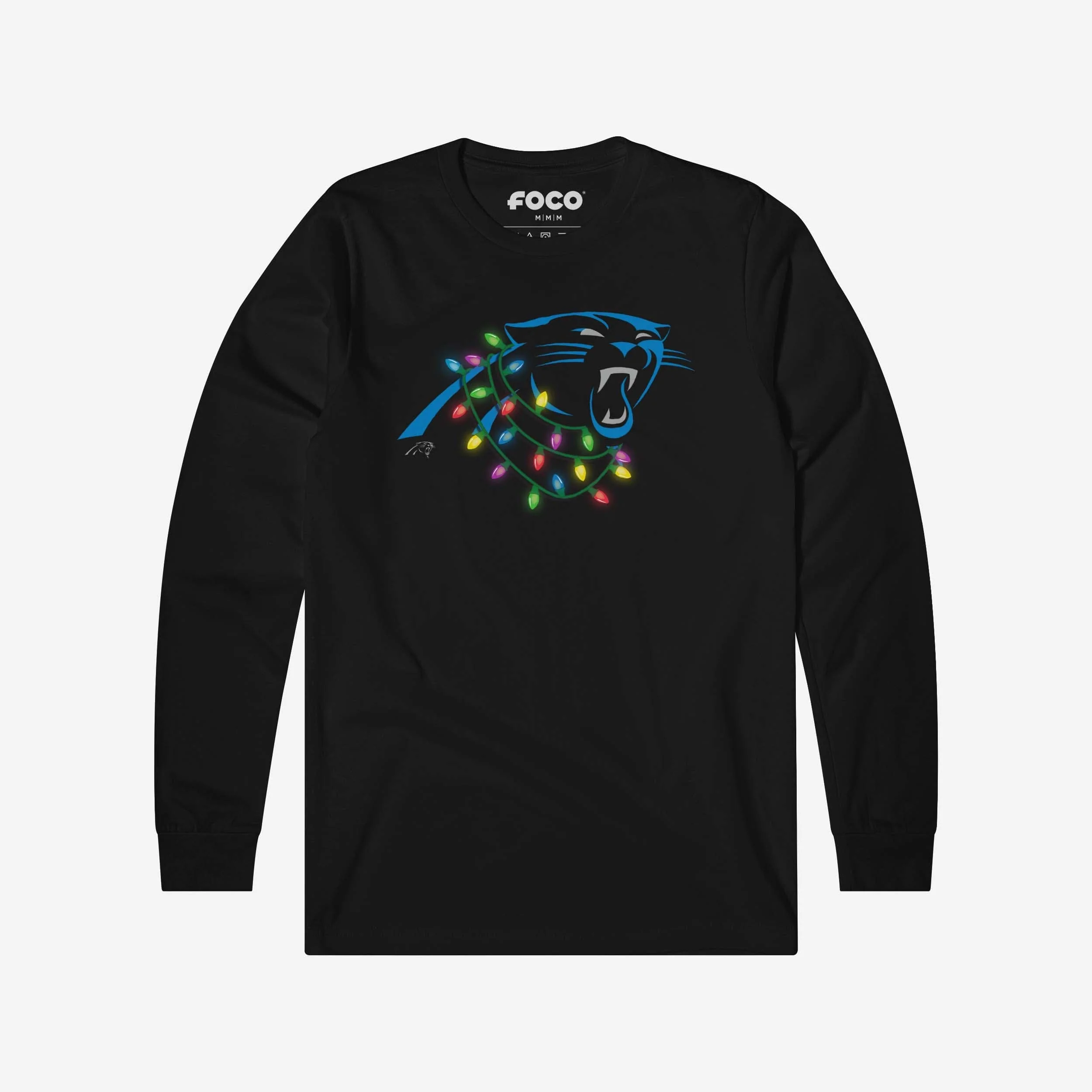 Carolina Panthers Primary Logo Holiday Lights Long Sleeve T-Shirt