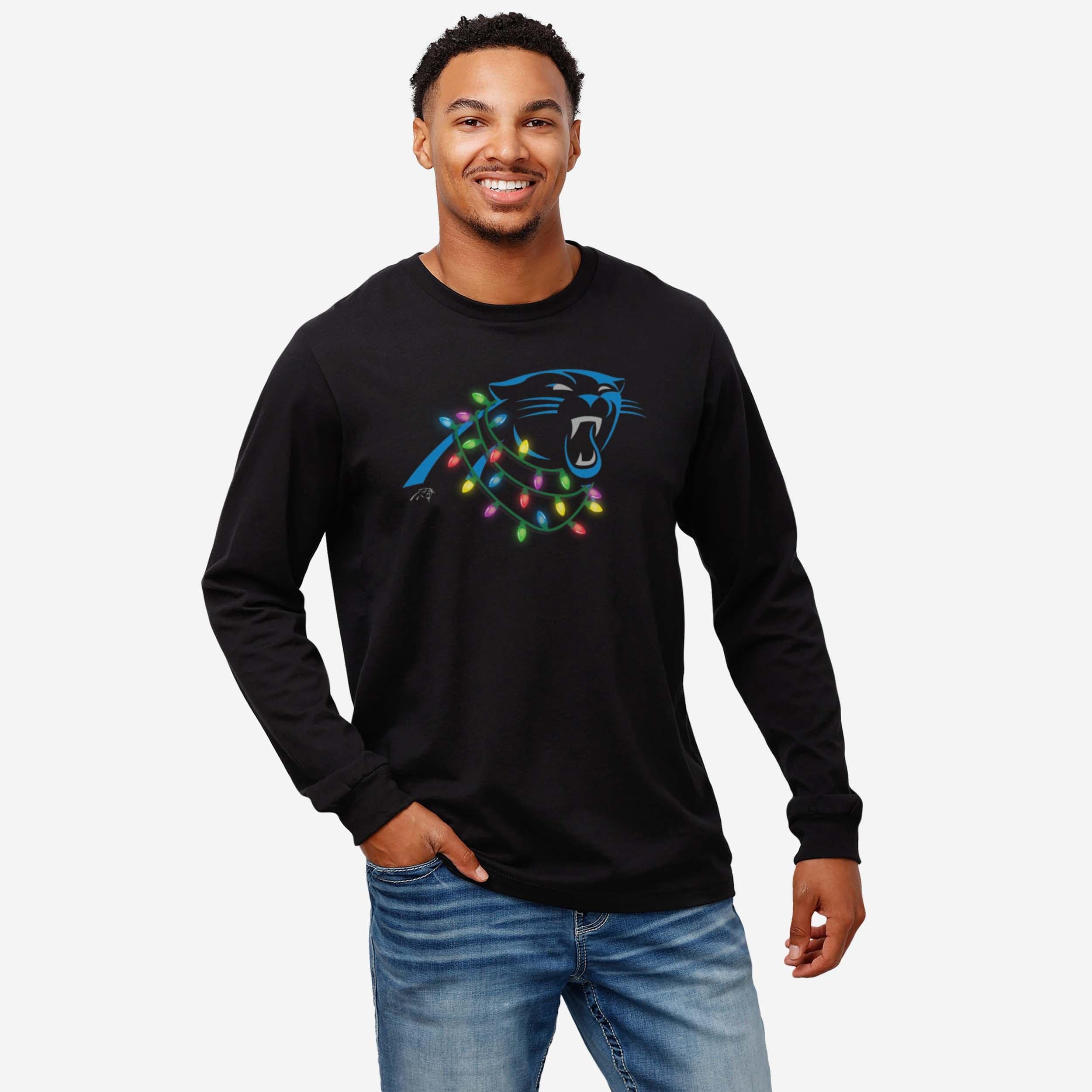 Carolina Panthers Primary Logo Holiday Lights Long Sleeve T-Shirt - Image 2