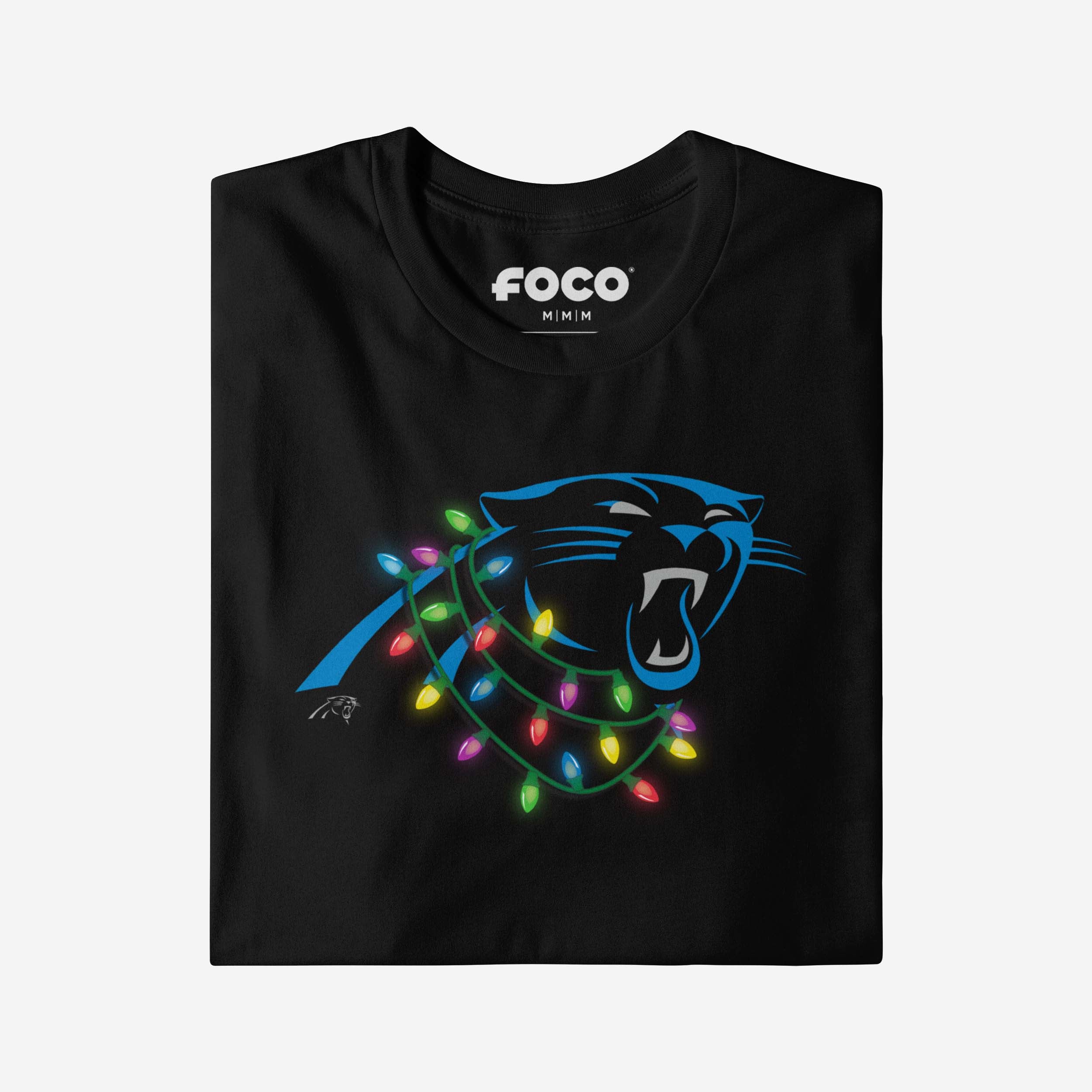 Carolina Panthers Primary Logo Holiday Lights T-Shirt - Image 4