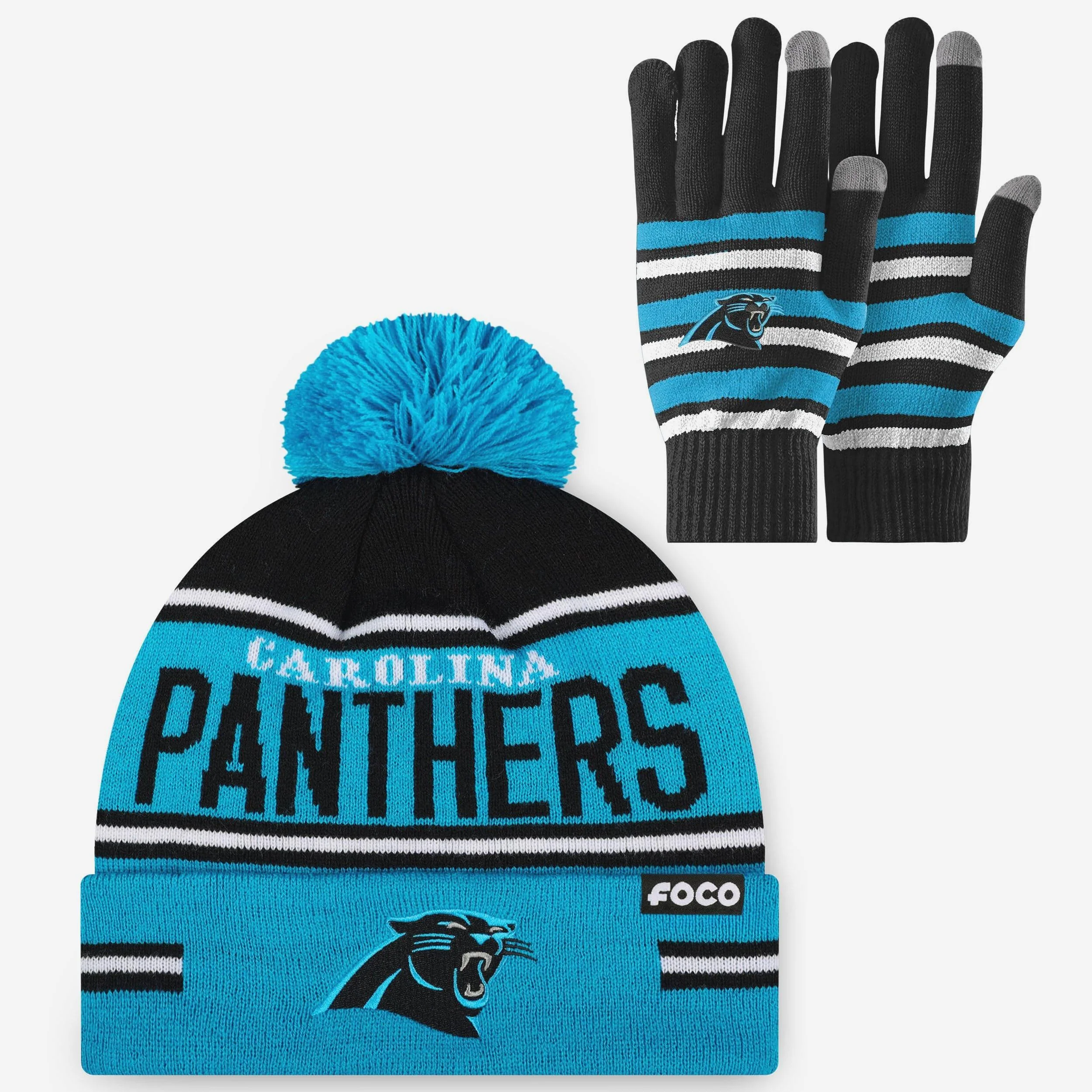 Carolina Panthers Stretch Glove & Big Wordmark Stripe Pom Beanie Set
