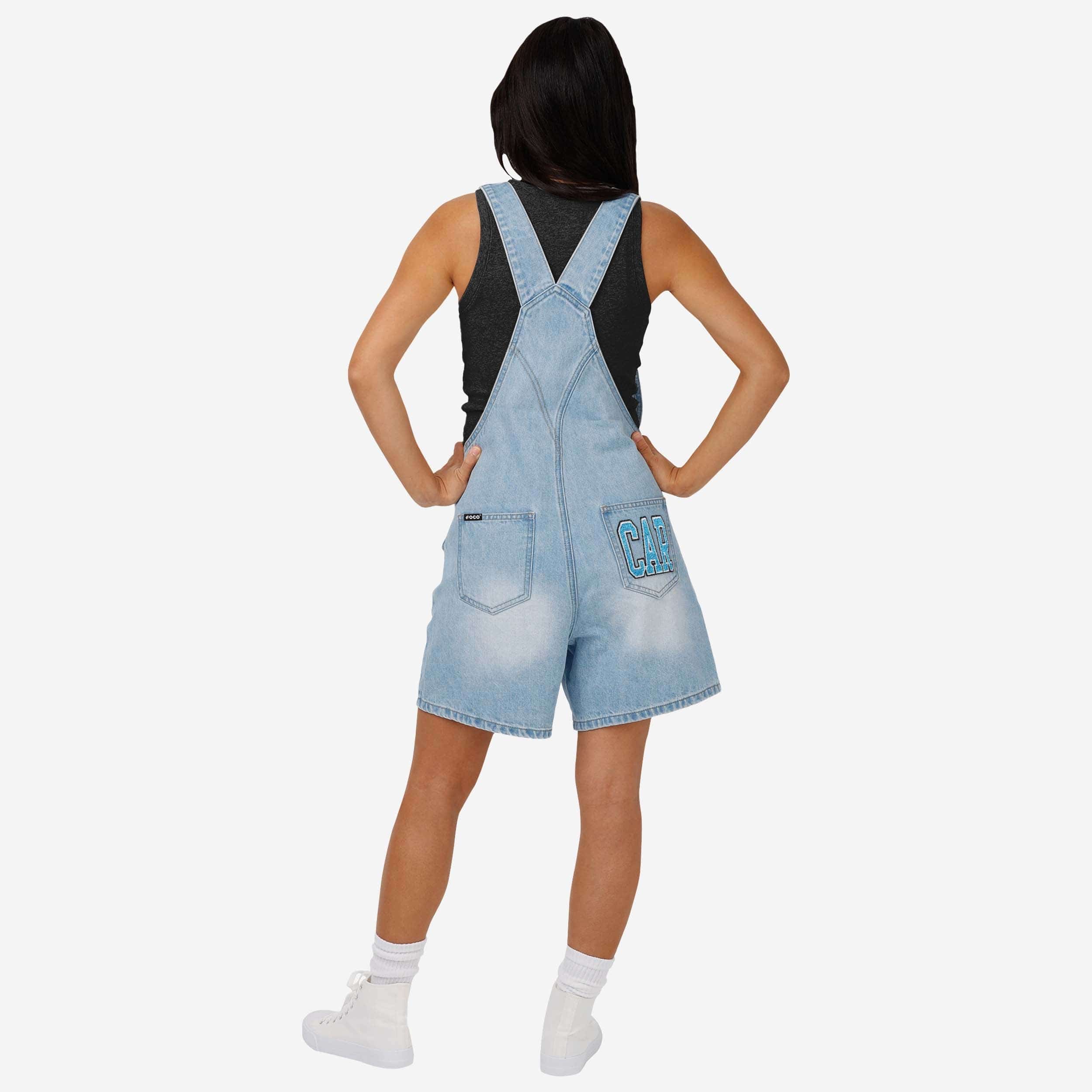 Carolina Panthers Womens Big Logo Denim Bib Shortalls - Image 2