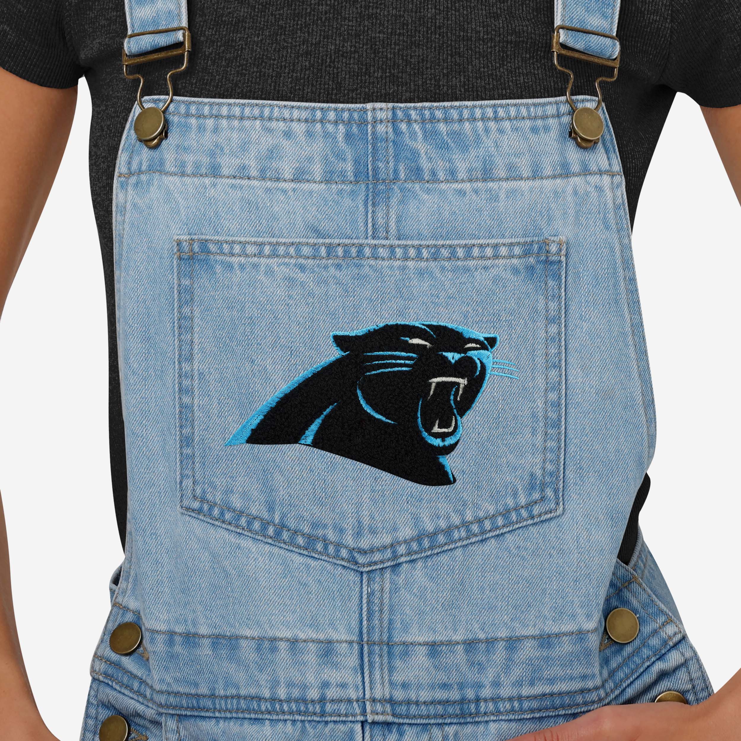 Carolina Panthers Womens Big Logo Denim Bib Shortalls - Image 3