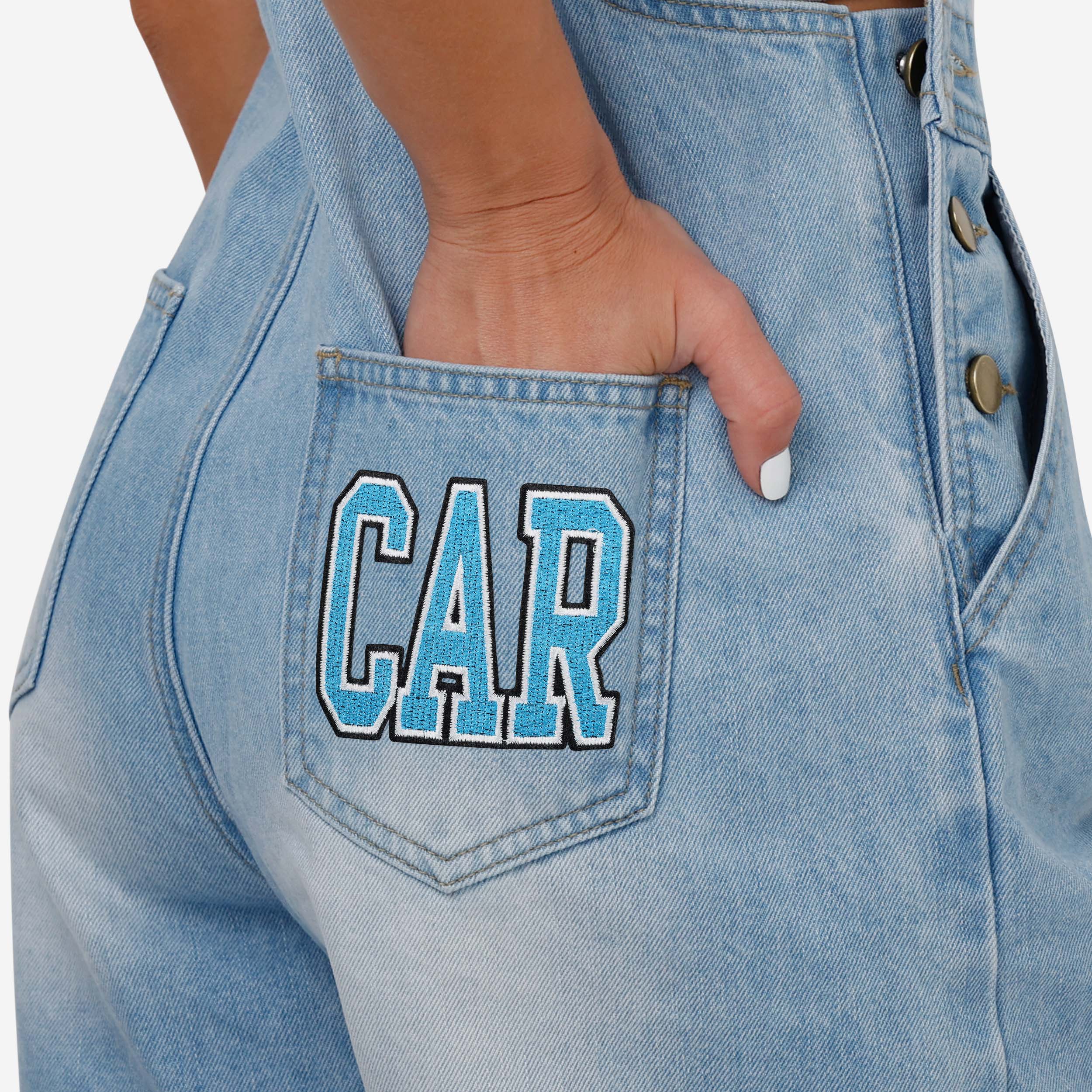 Carolina Panthers Womens Big Logo Denim Bib Shortalls - Image 5