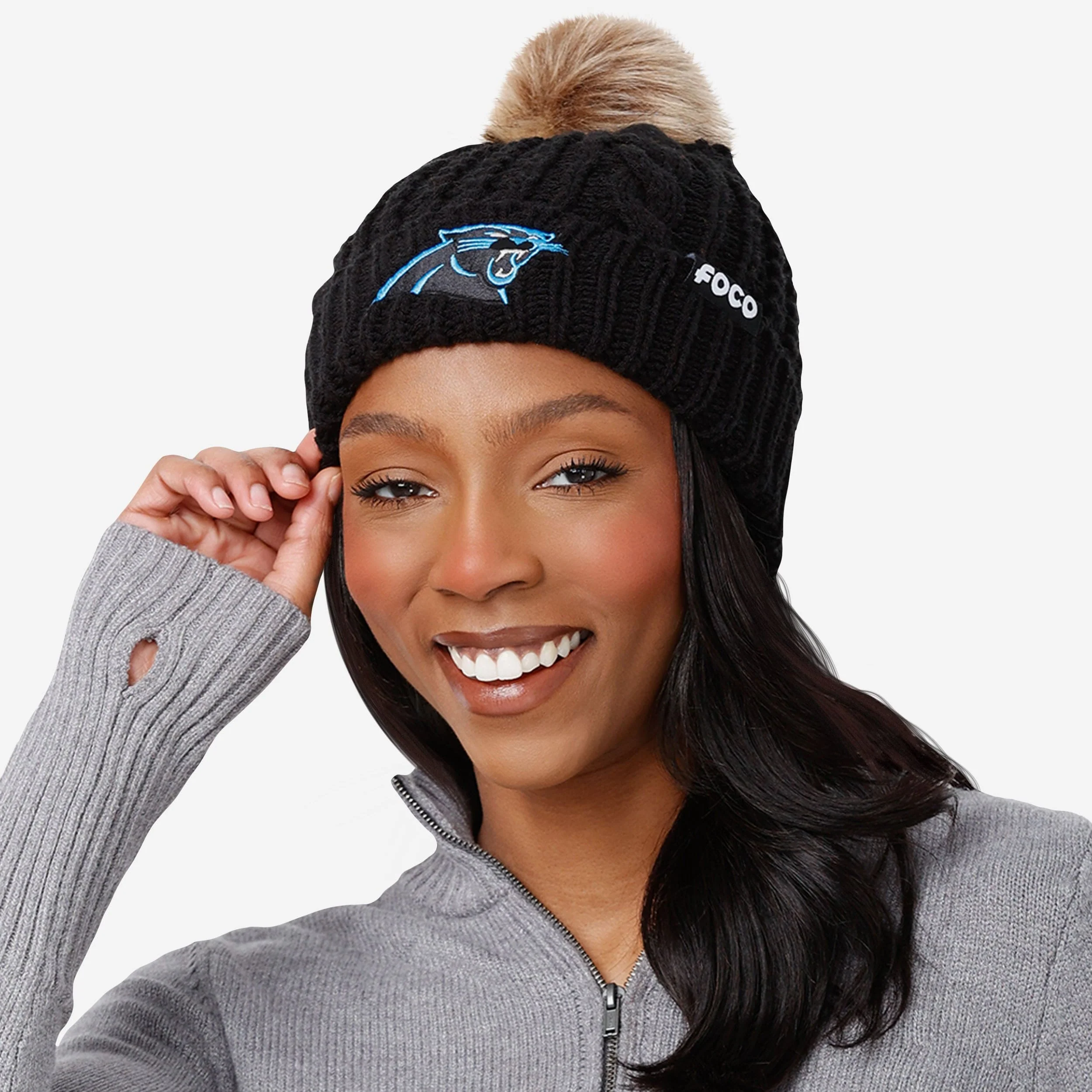 Carolina Panthers Womens Faux Fur Pom Beanie - Image 3