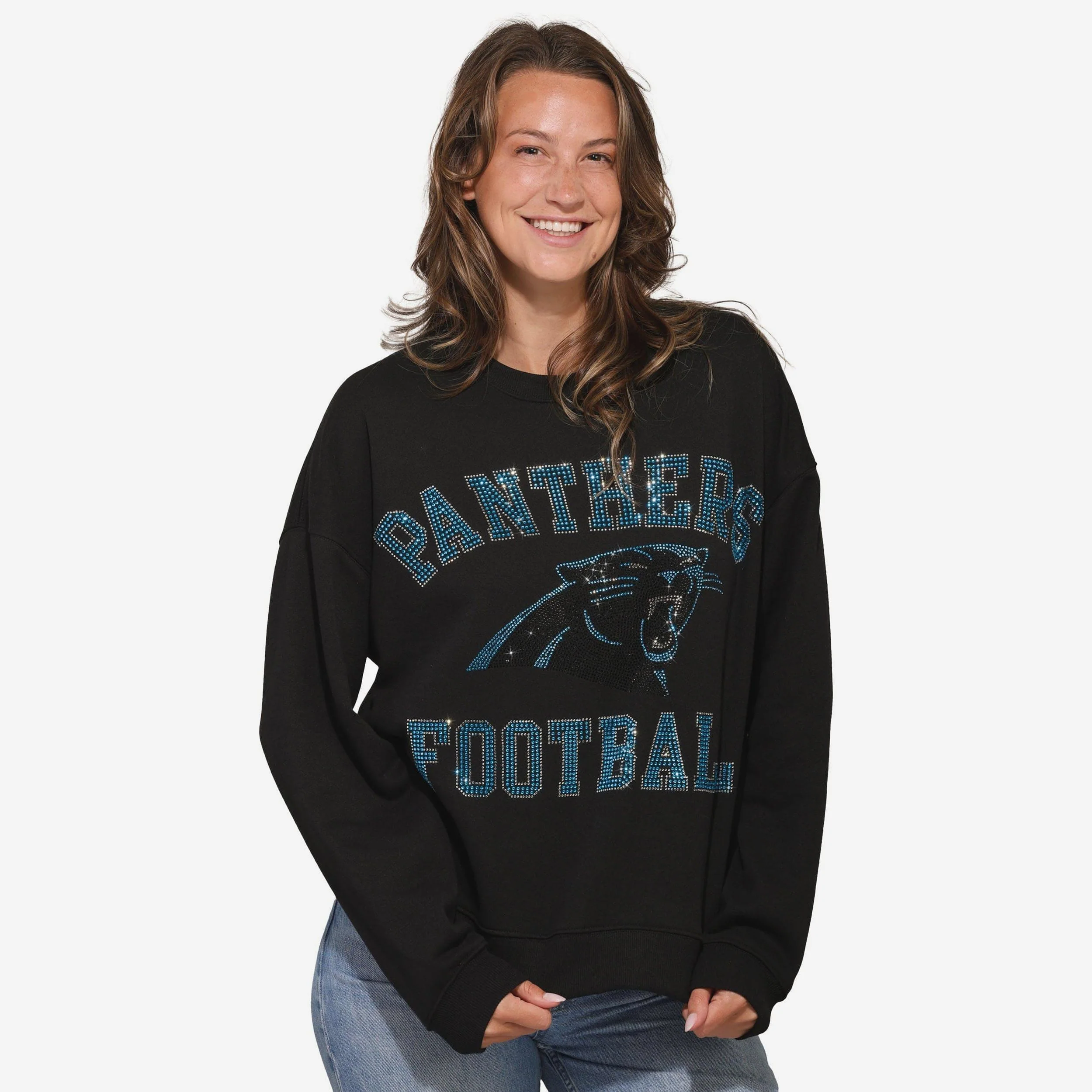 Carolina Panthers Womens Rhinestone Logo Oversized Crew Neck Sweatshirt