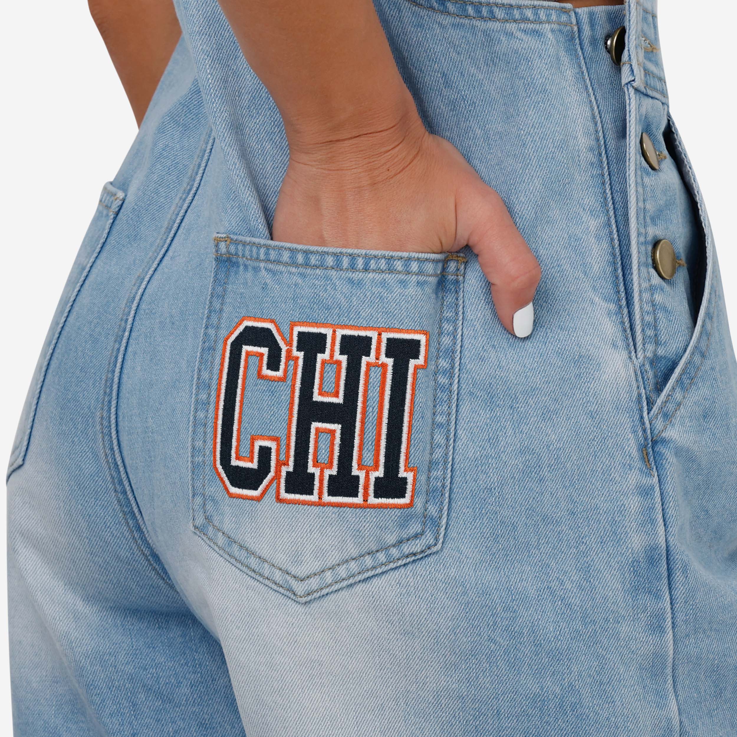 Chicago Bears Womens Big Logo Denim Bib Shortalls - Image 5