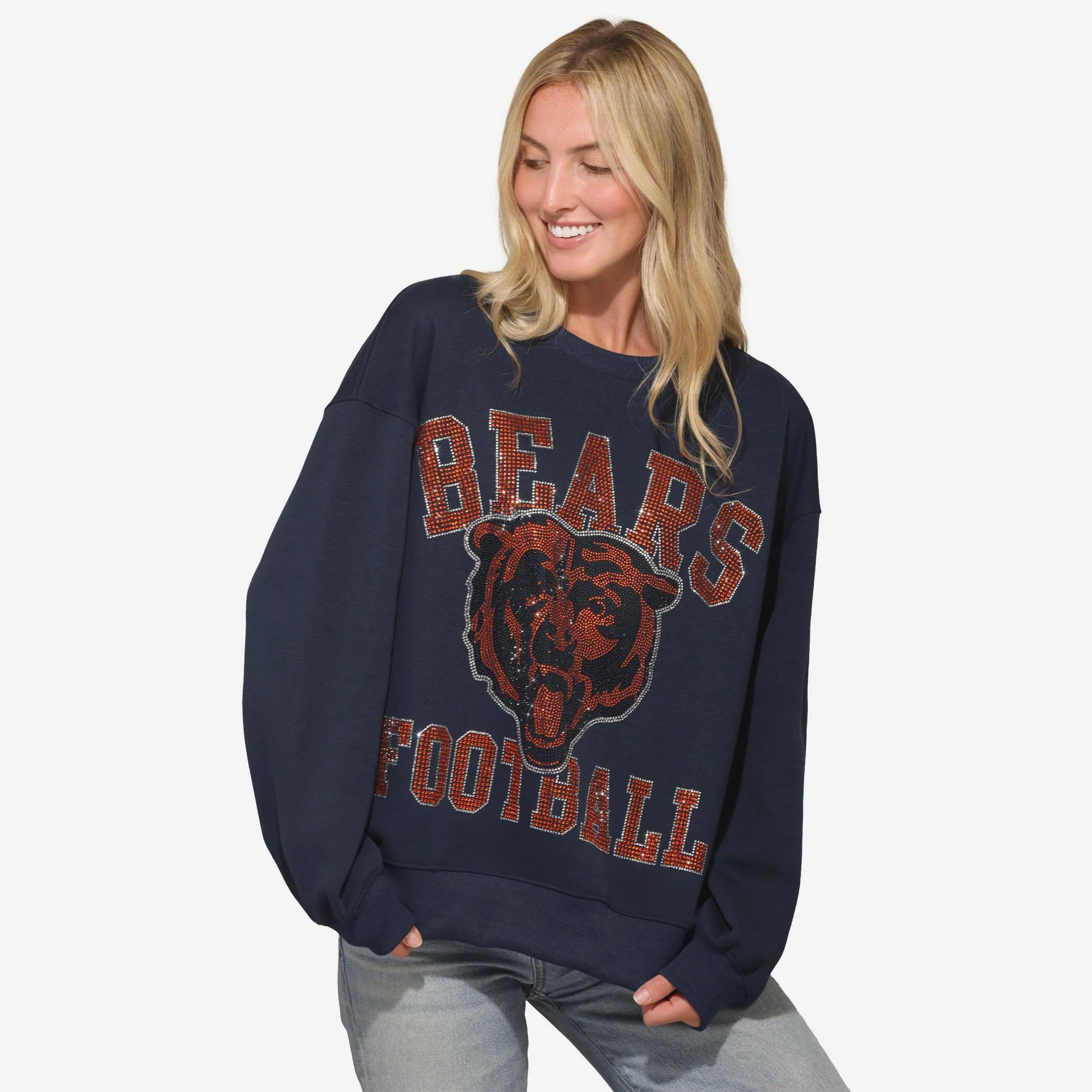 Chicago Bears Womens Rhinestone Logo Oversized Crew Neck Sweatshirt