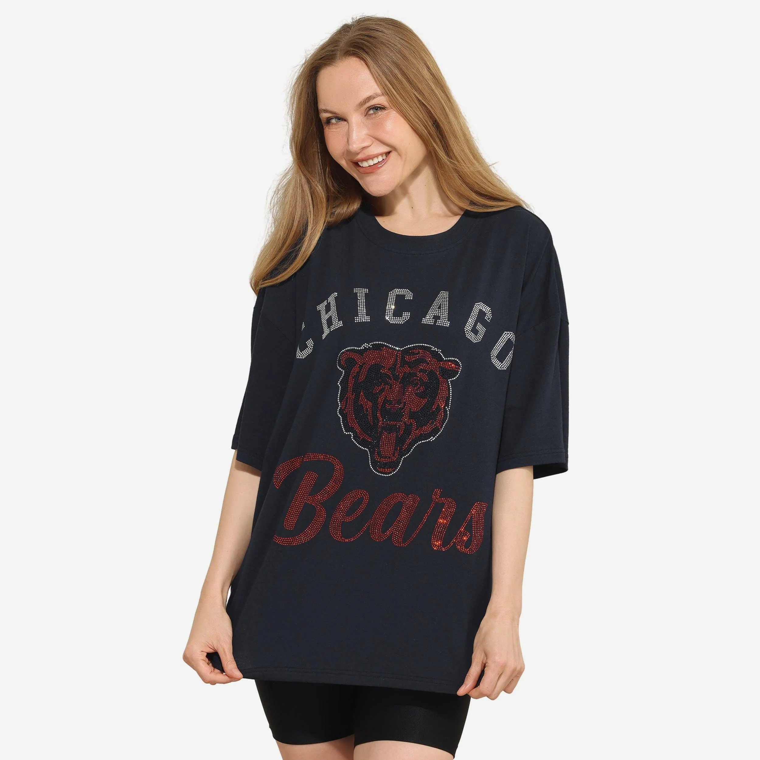 Chicago Bears Womens Rhinestone Logo Oversized T-Shirt