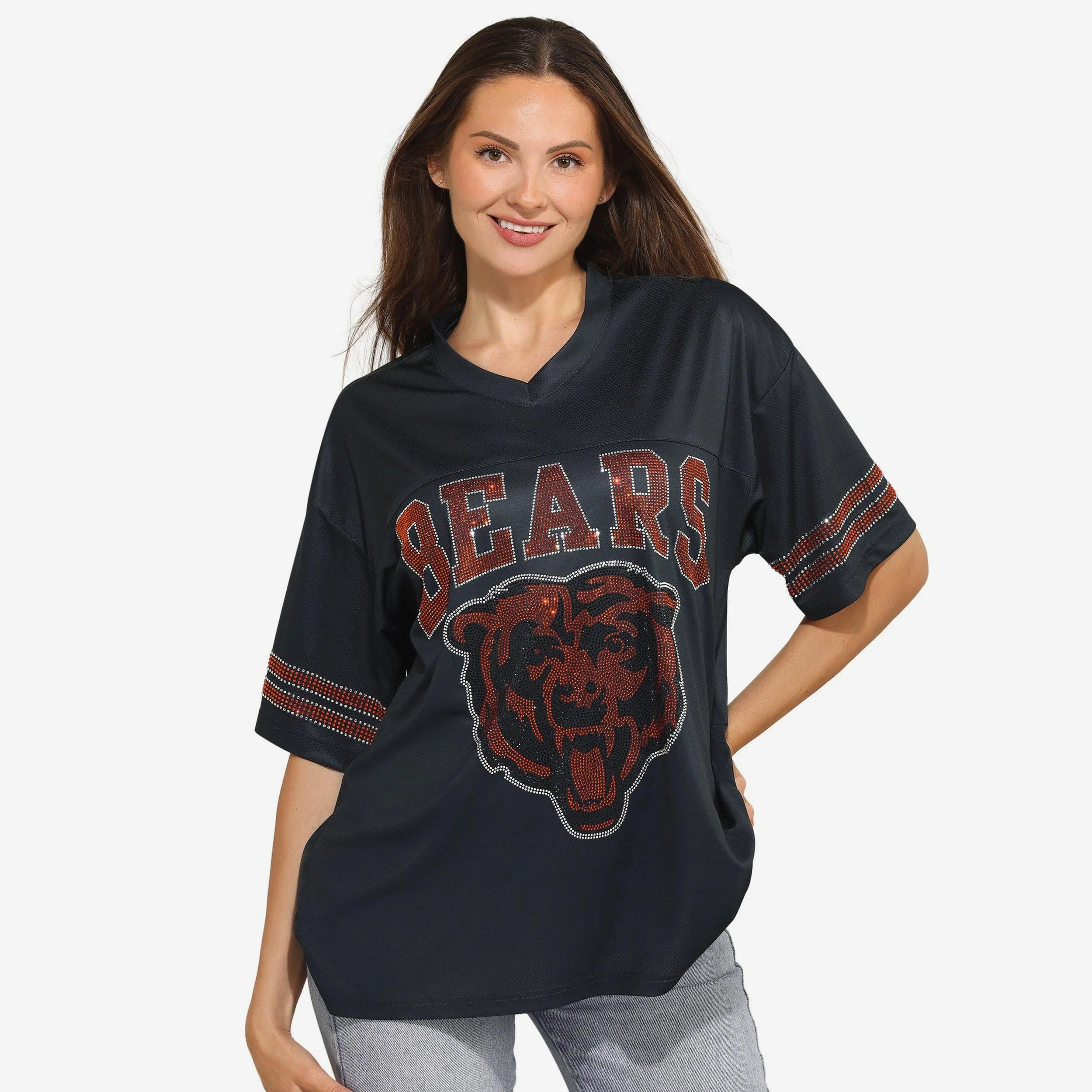 Chicago Bears Womens Rhinestone Logo Oversized V-Neck Mesh T-Shirt