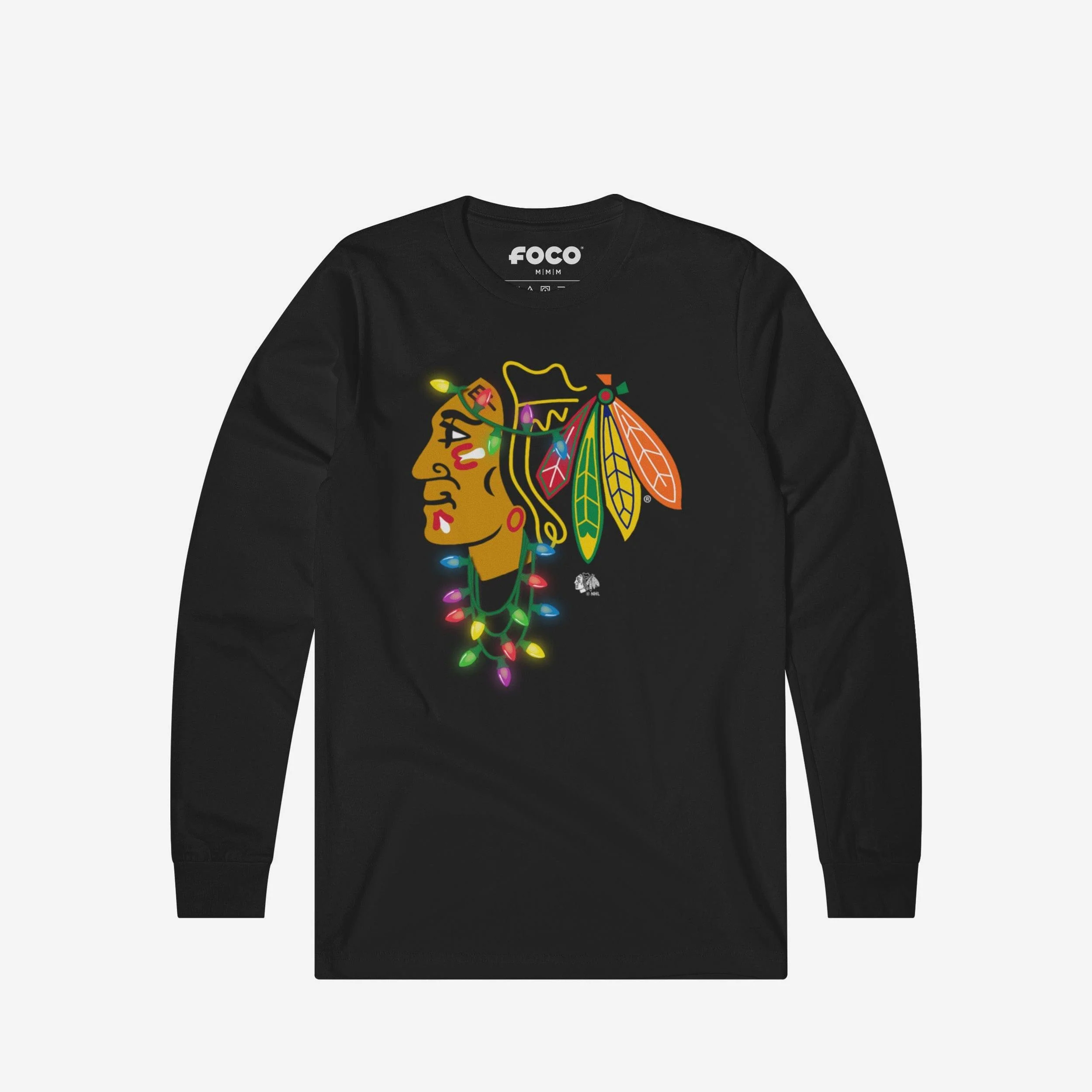Chicago Blackhawks Primary Logo Holiday Lights Long Sleeve T-Shirt
