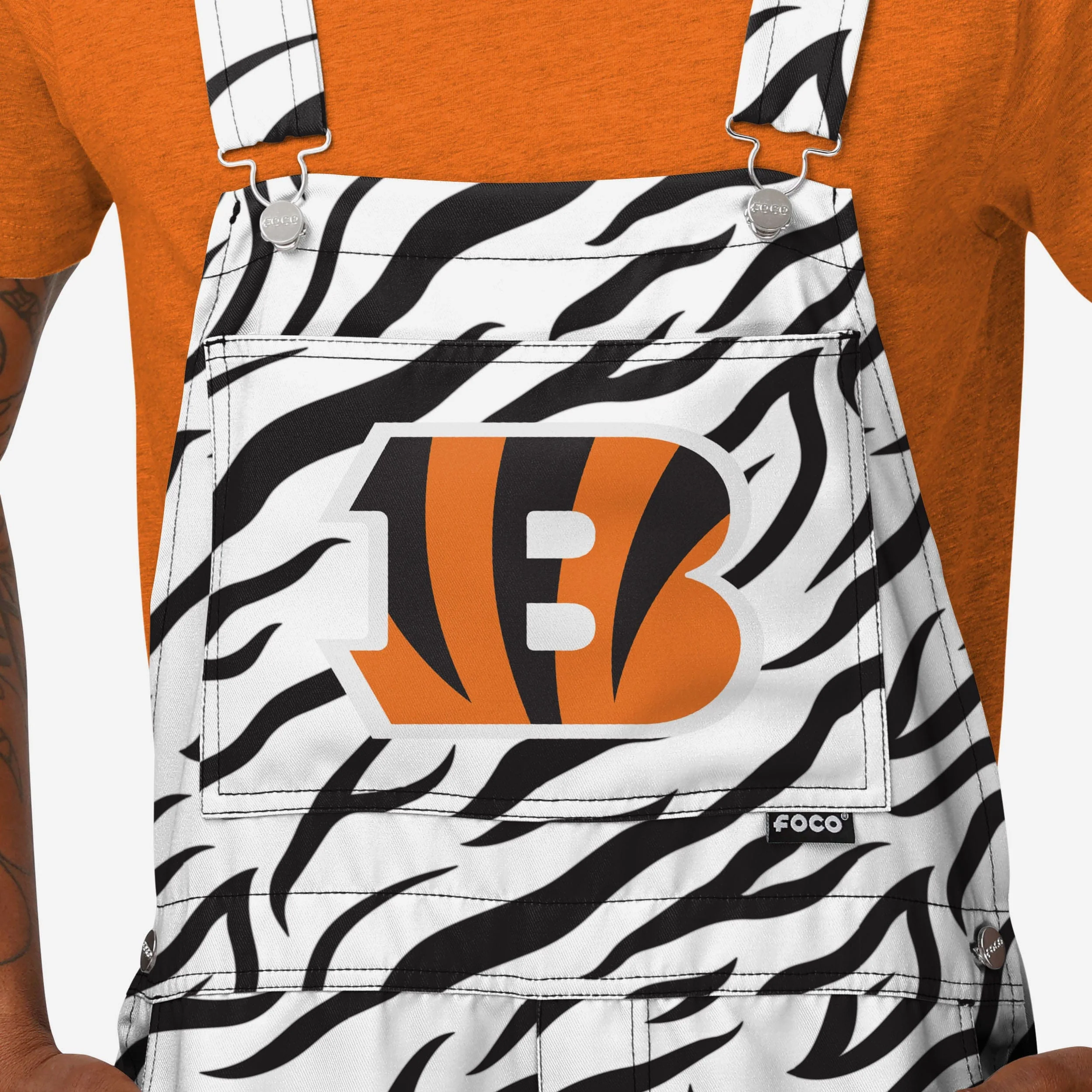 Cincinnati Bengals Mens White Tiger Stripe Thematic Bib Shortalls - Image 4