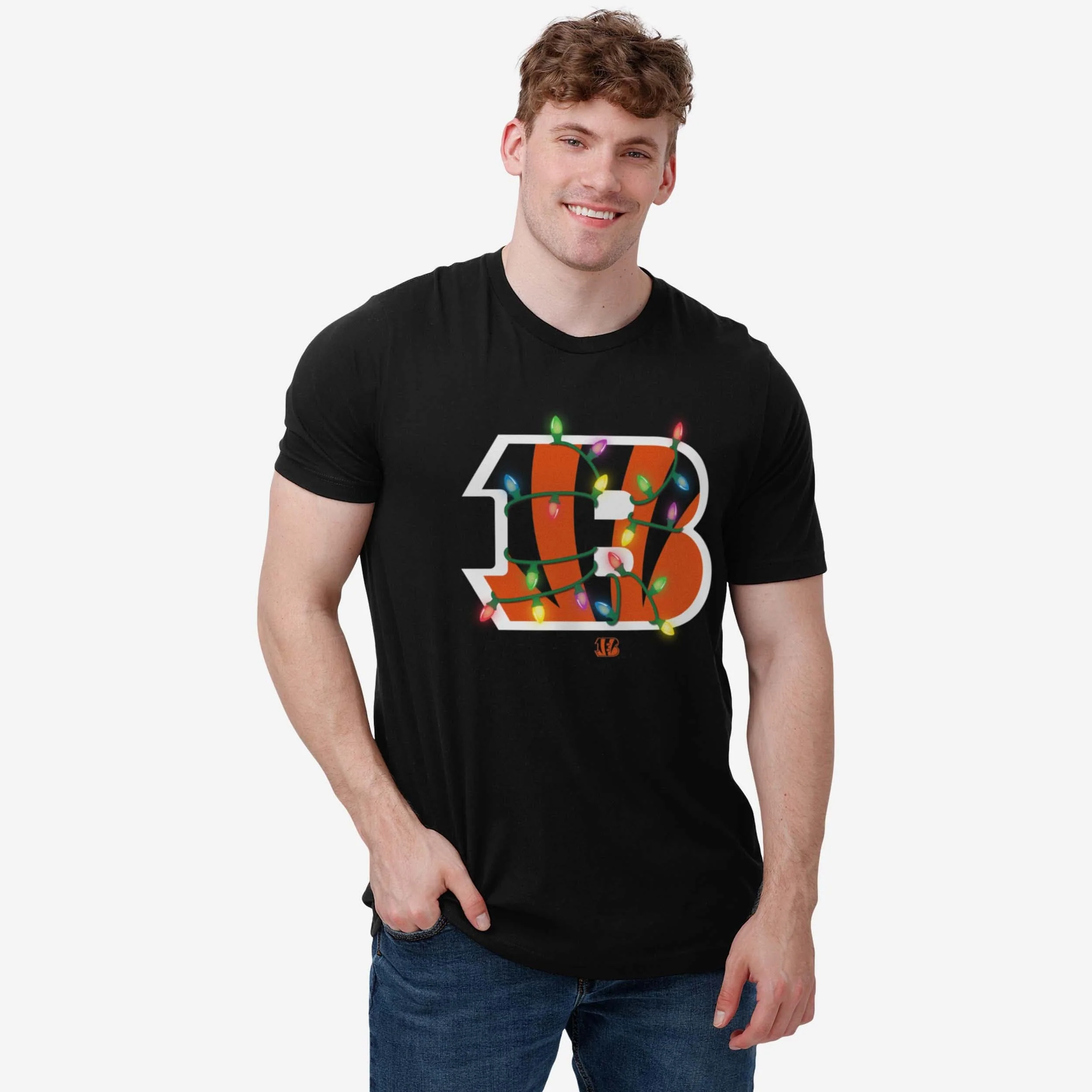 Cincinnati Bengals Primary Logo Holiday Lights T-Shirt - Image 2