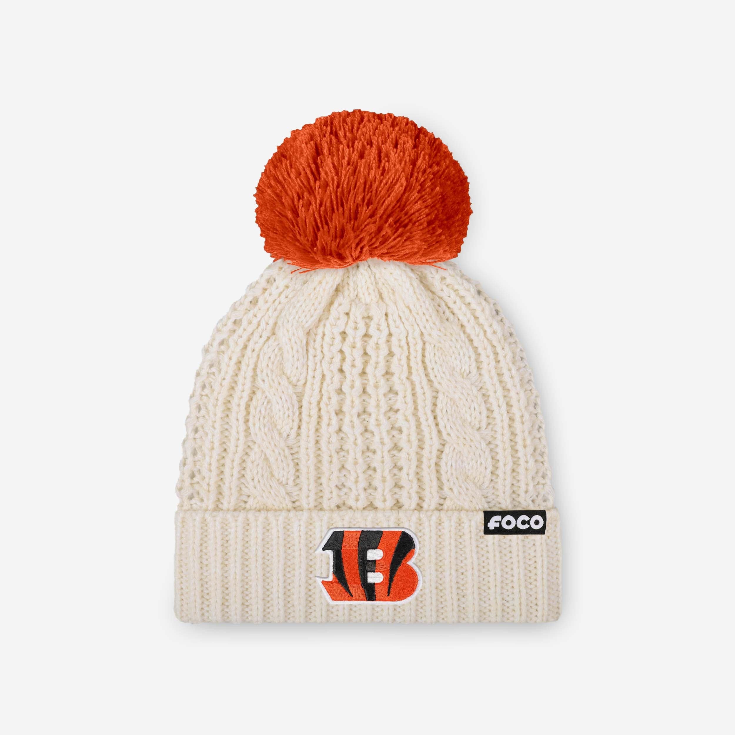 Cincinnati Bengals Womens Primary Logo White Cable Knit Pom Beanie