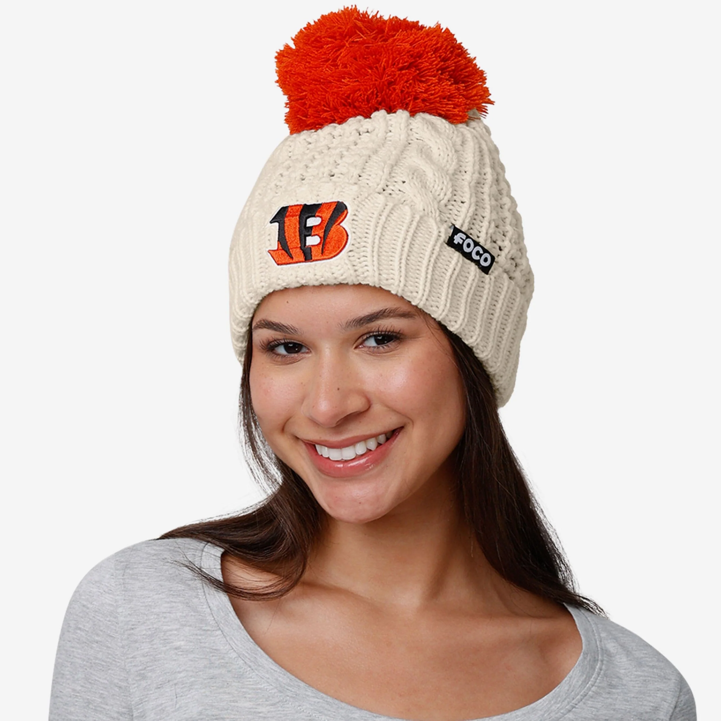 Cincinnati Bengals Womens Primary Logo White Cable Knit Pom Beanie - Image 3