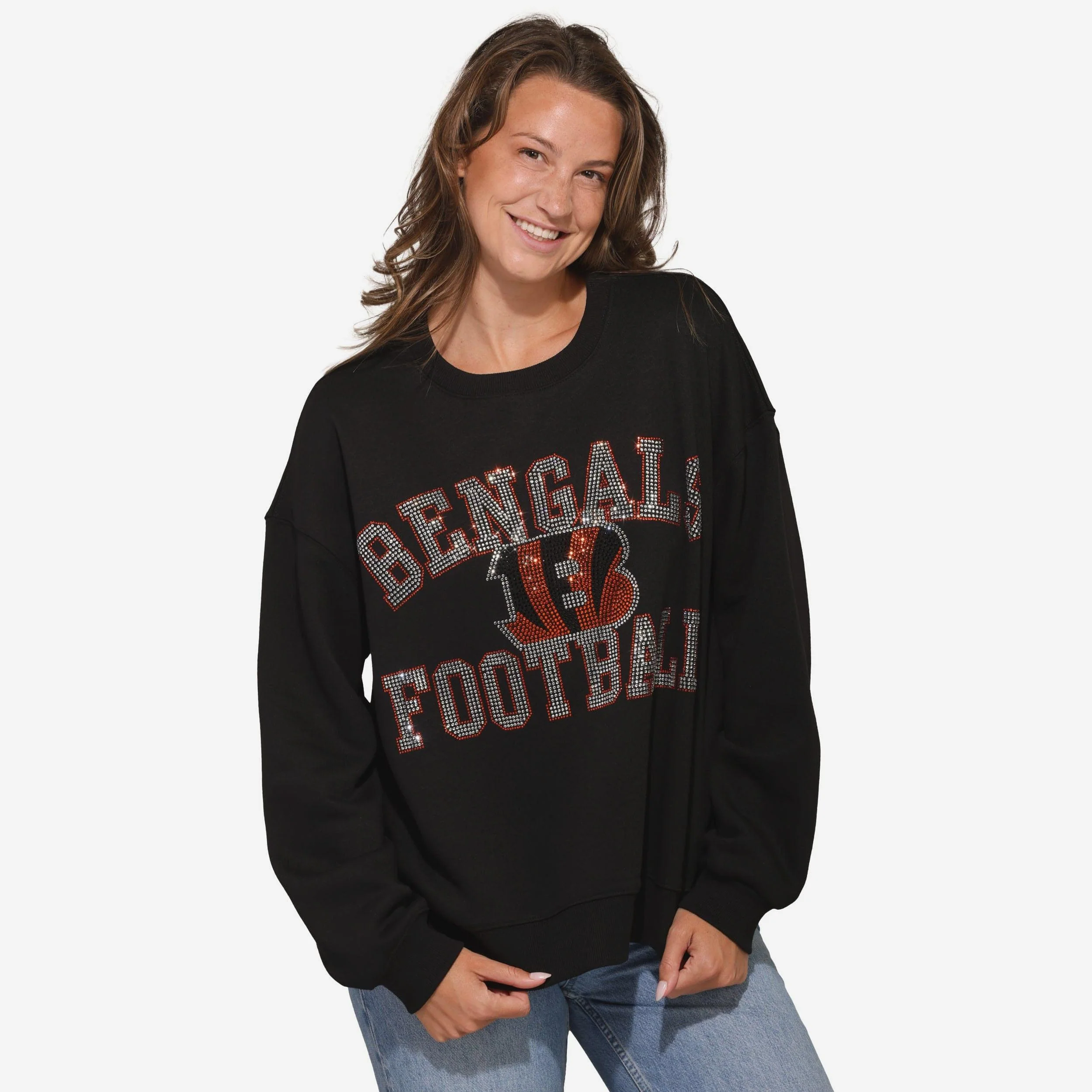 Cincinnati Bengals Womens Rhinestone Logo Oversized Crew Neck Sweatshirt