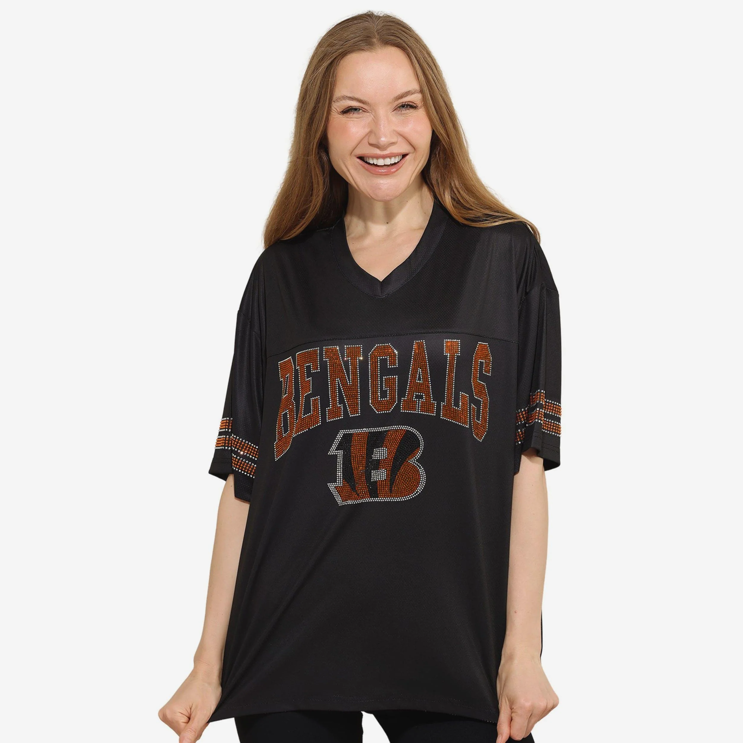 Cincinnati Bengals Womens Rhinestone Logo Oversized V-Neck Mesh T-Shirt