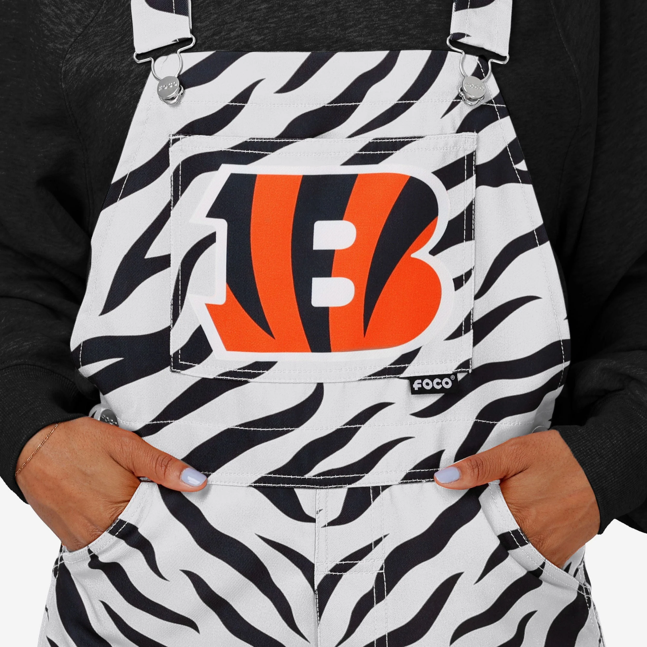 Cincinnati Bengals Womens White Tiger Stripe Thematic Bib Overalls - Image 4