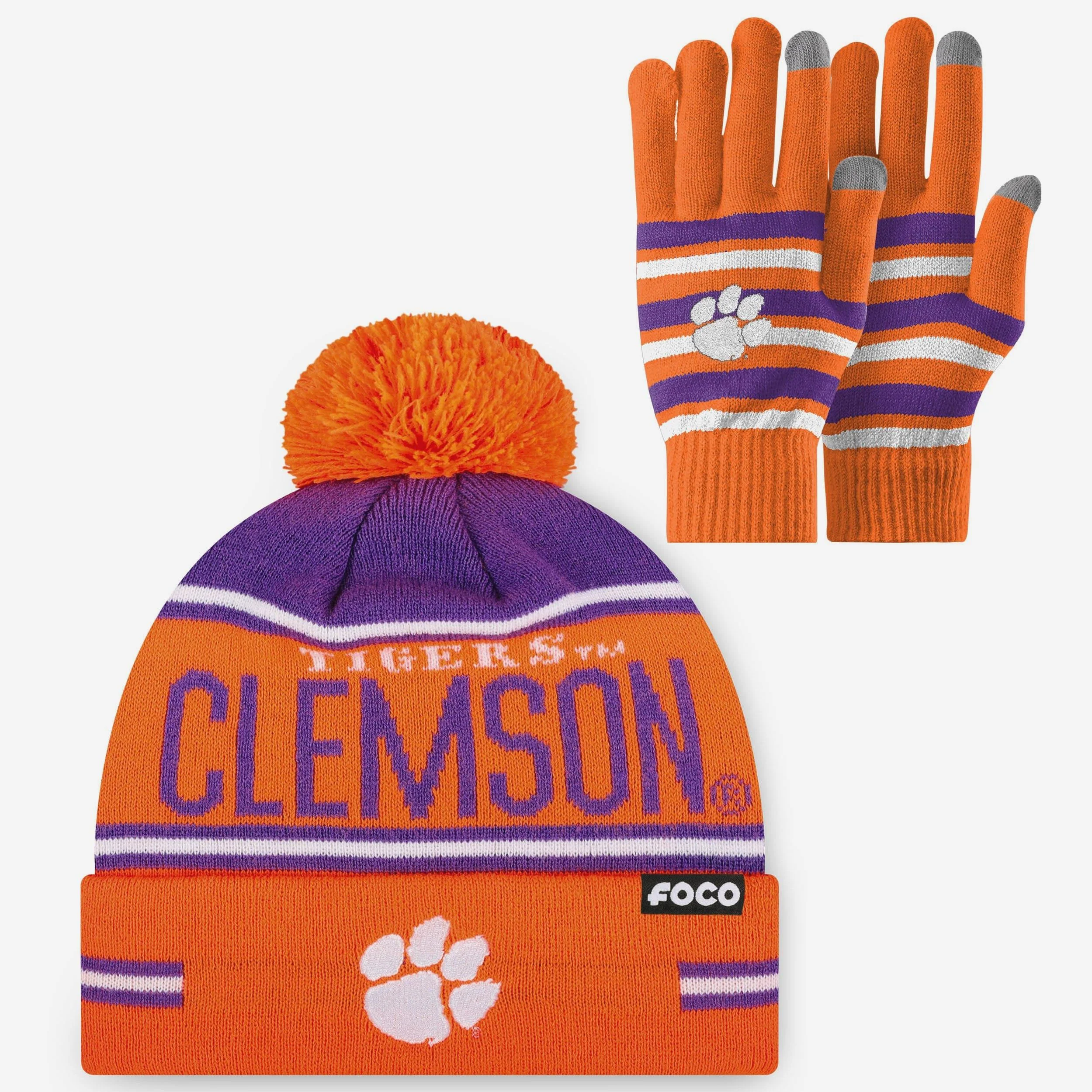 Clemson Tigers Stretch Glove & Big Wordmark Stripe Pom Beanie Set