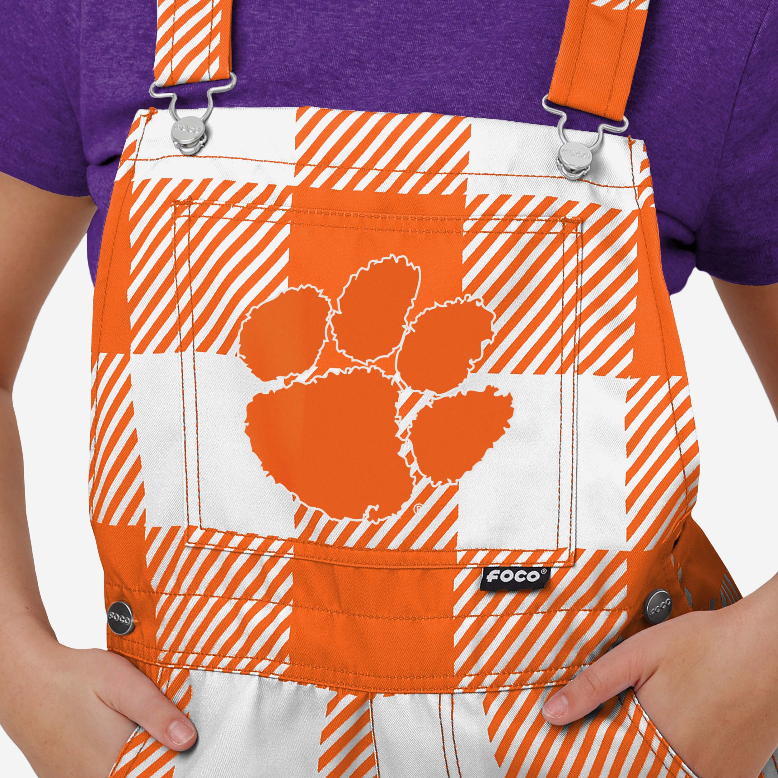 Clemson Tigers Womens Plaid Bib Shortalls - Image 3