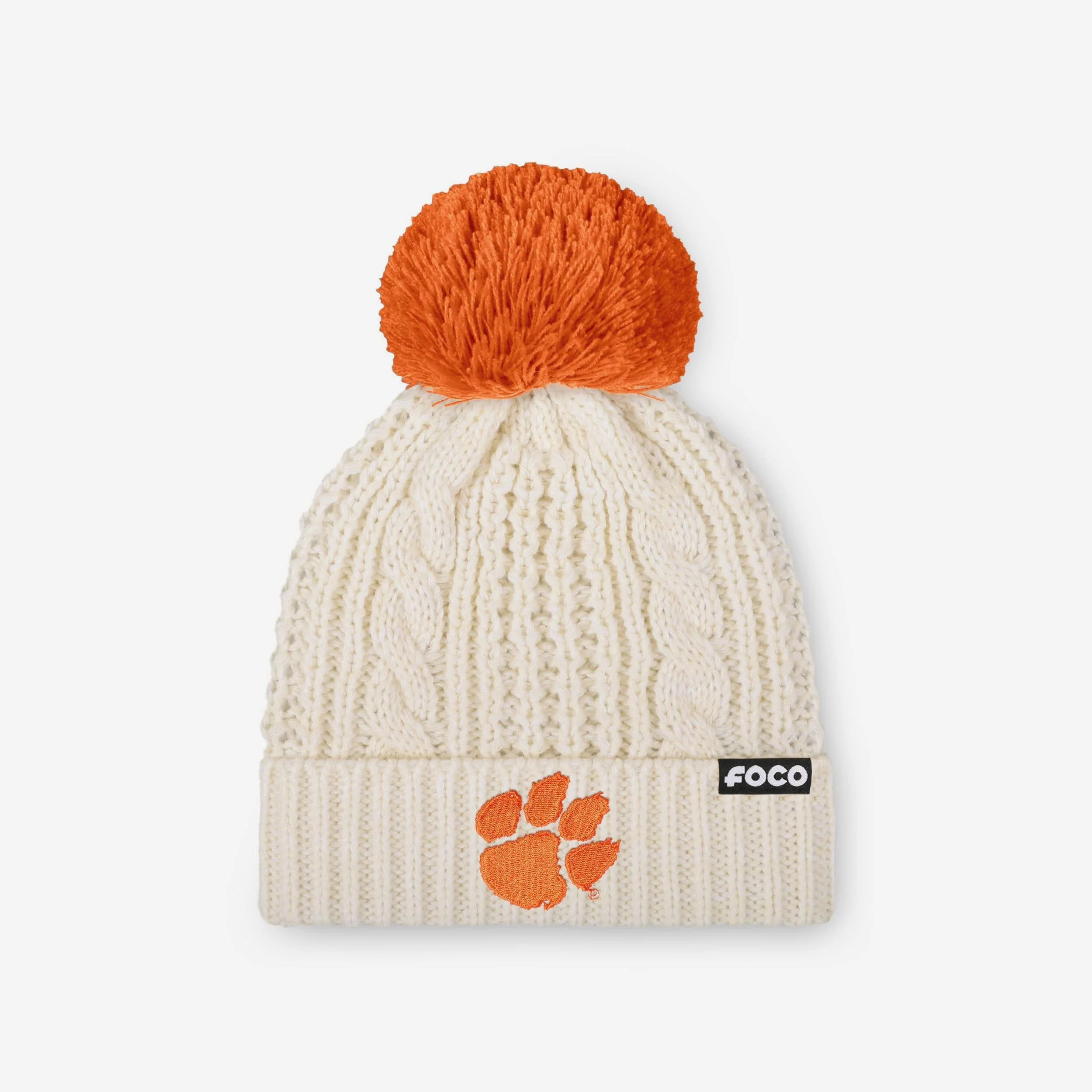 Clemson Tigers Womens Primary Logo White Cable Knit Pom Beanie