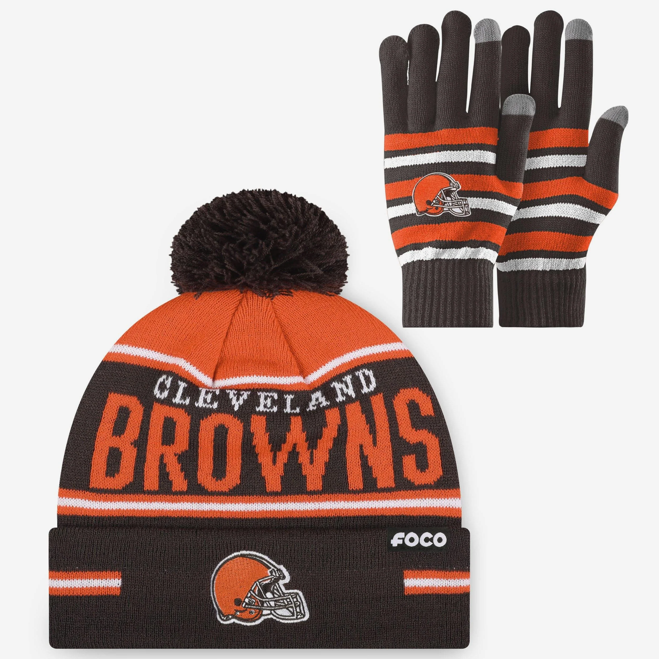 Cleveland Browns Stretch Glove & Big Wordmark Stripe Pom Beanie Set