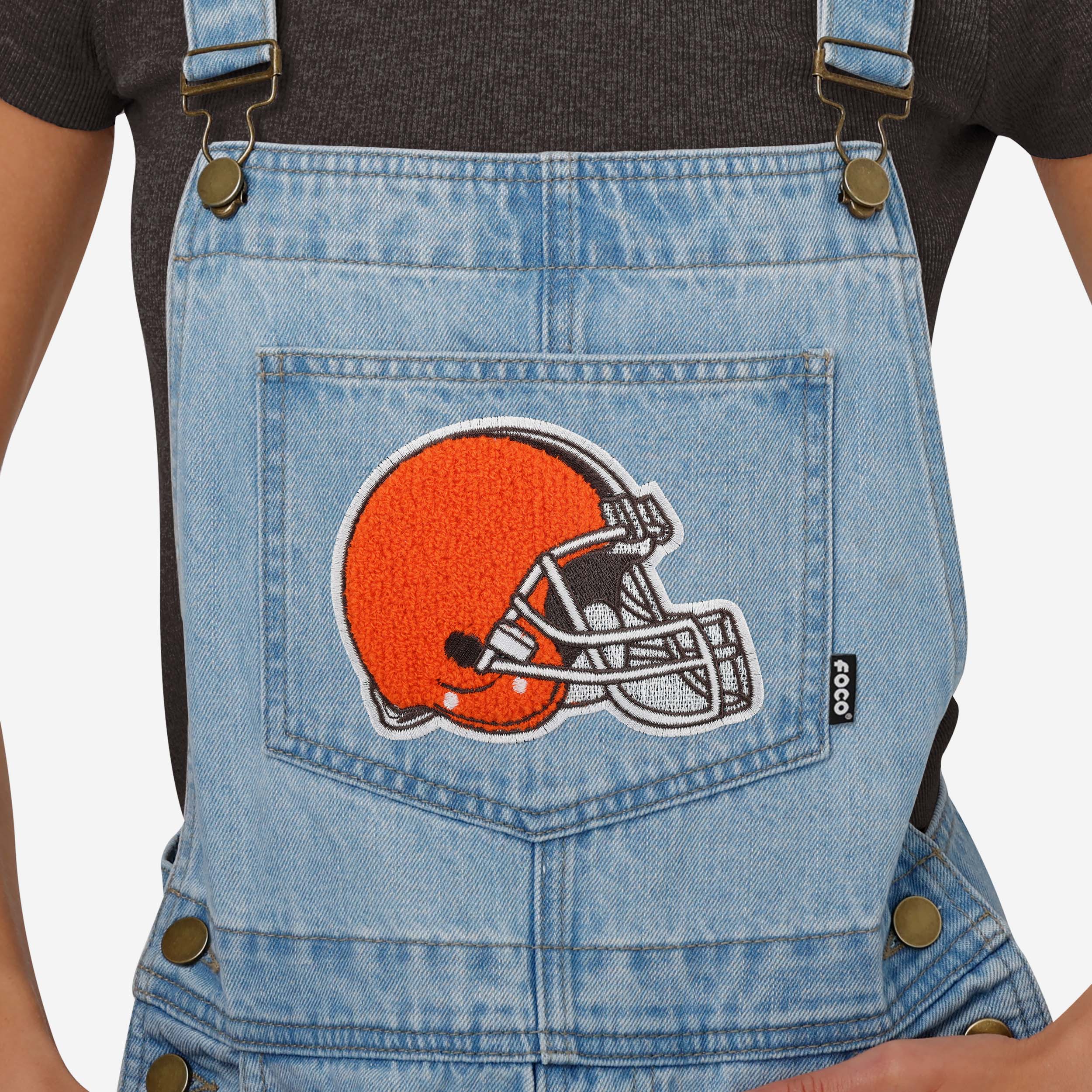 Cleveland Browns Womens Big Logo Denim Bib Shortalls - Image 3