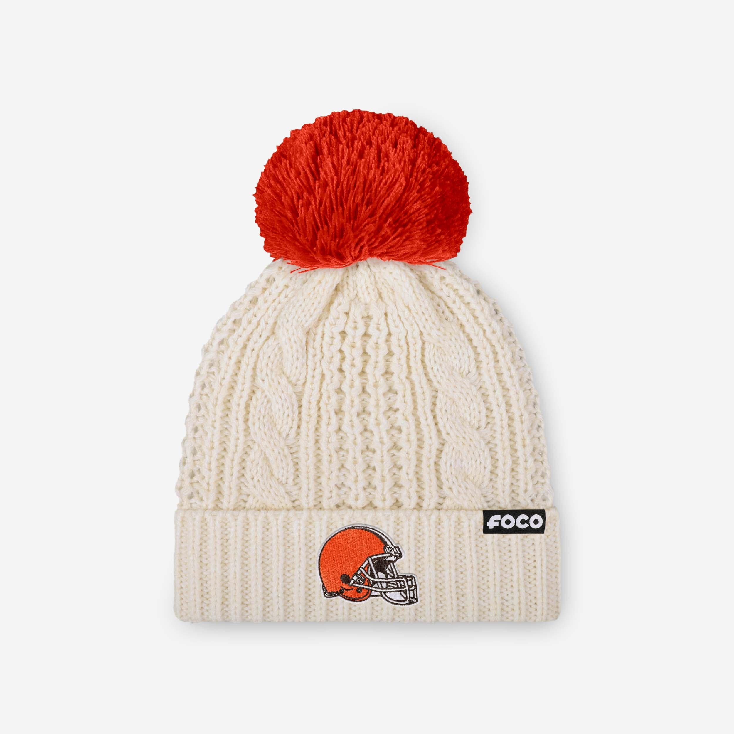 Cleveland Browns Womens Primary Logo White Cable Knit Pom Beanie