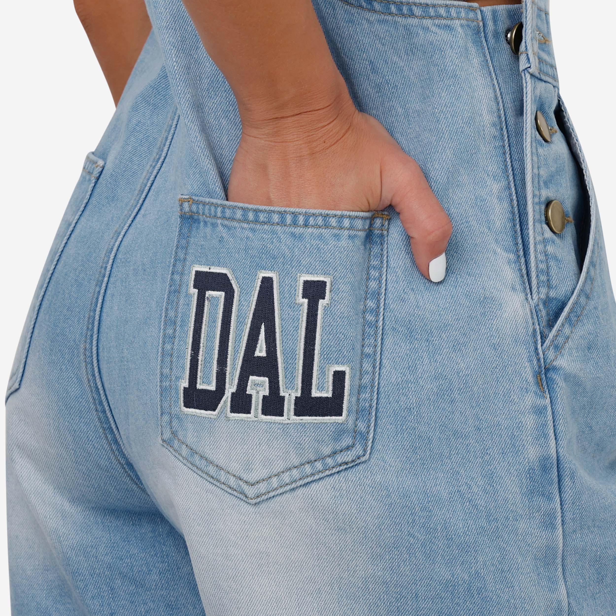 Dallas Cowboys Womens Big Logo Denim Bib Shortalls - Image 5