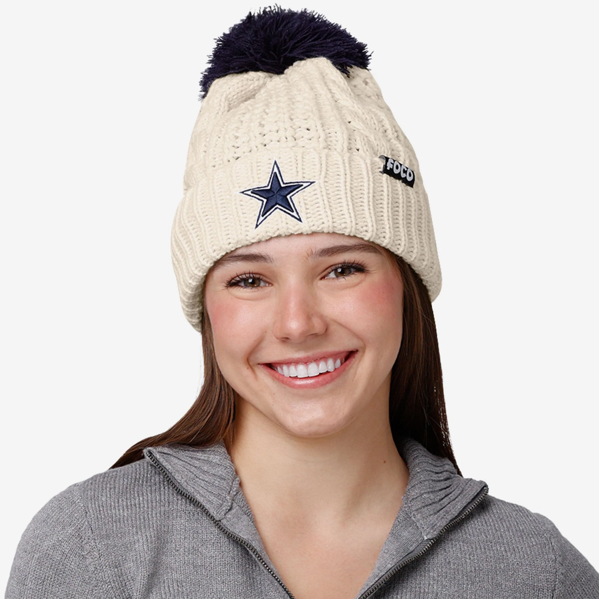 Dallas Cowboys Womens Primary Logo White Cable Knit Pom Beanie - Image 3