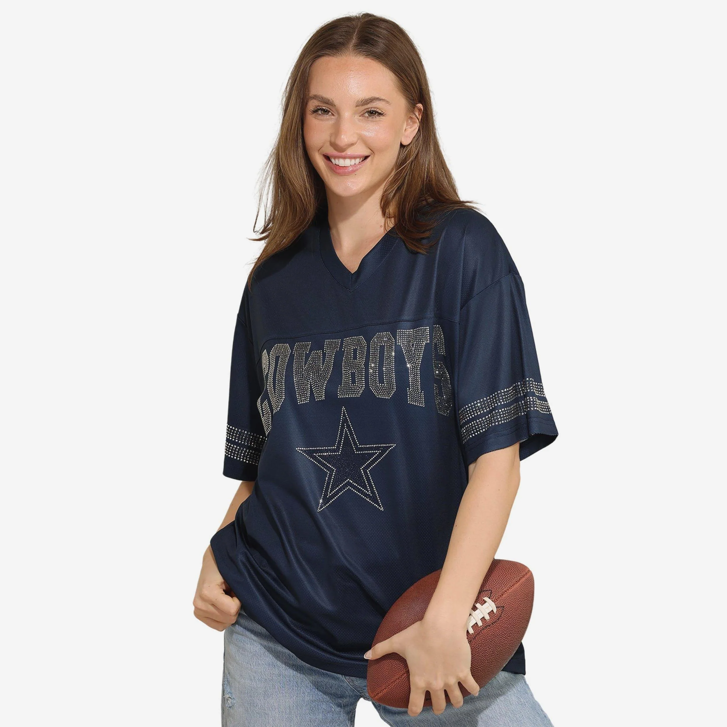Dallas Cowboys Womens Rhinestone Logo Oversized V-Neck Mesh T-Shirt