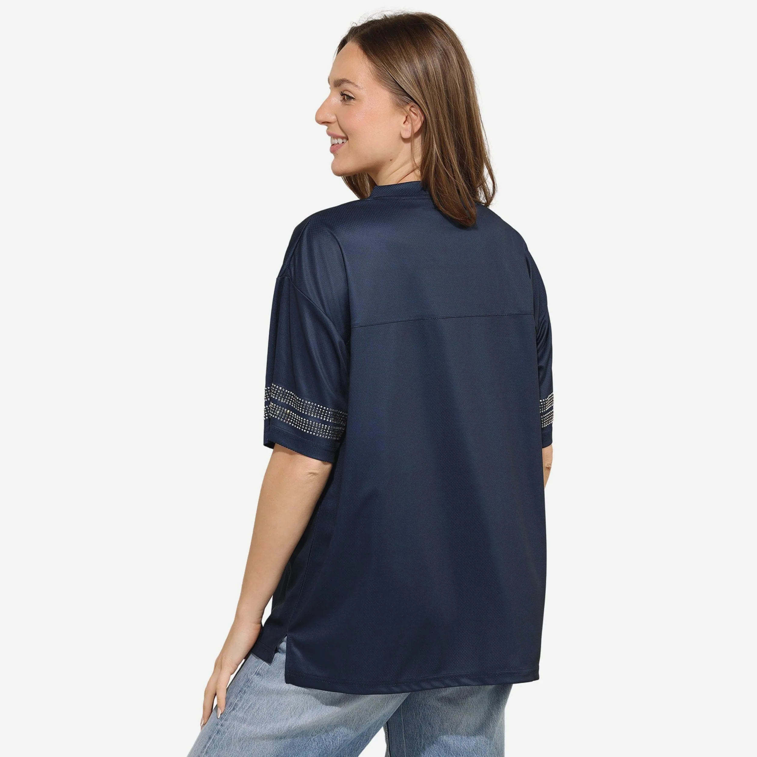 Dallas Cowboys Womens Rhinestone Logo Oversized V-Neck Mesh T-Shirt - Image 3