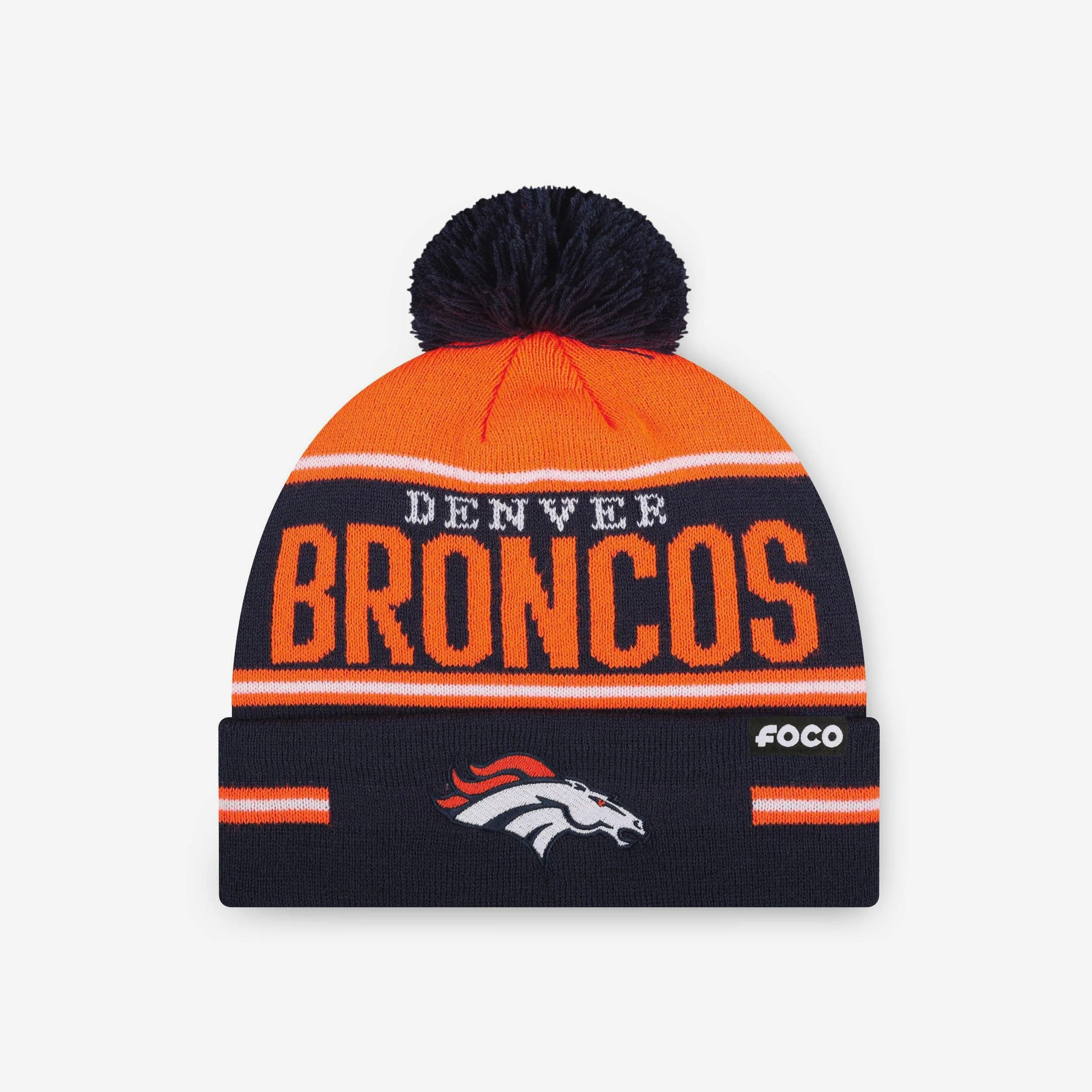 Denver Broncos Big Wordmark Stripe Pom Beanie