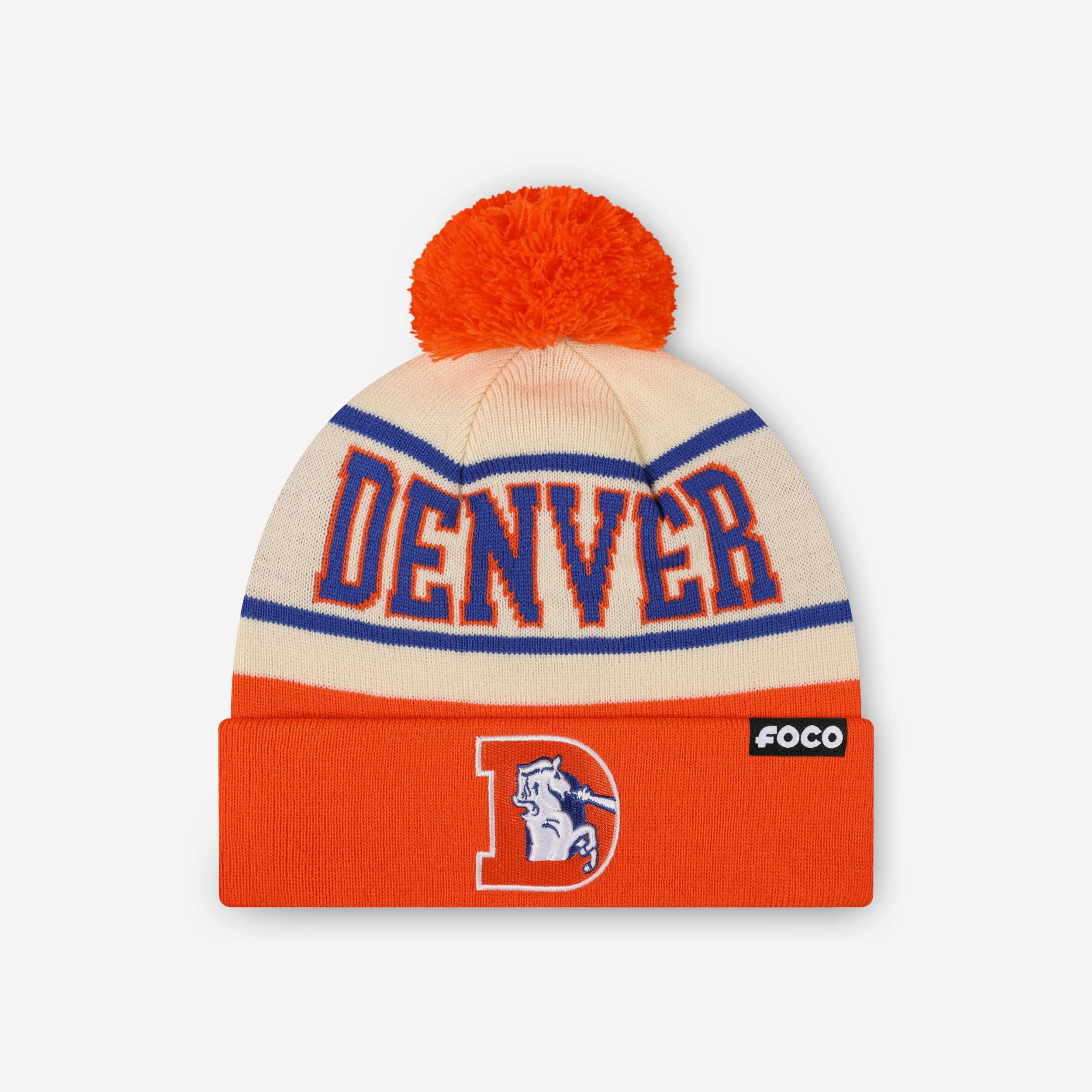 Denver Broncos Heritage Stripe Retro Logo Pom Beanie
