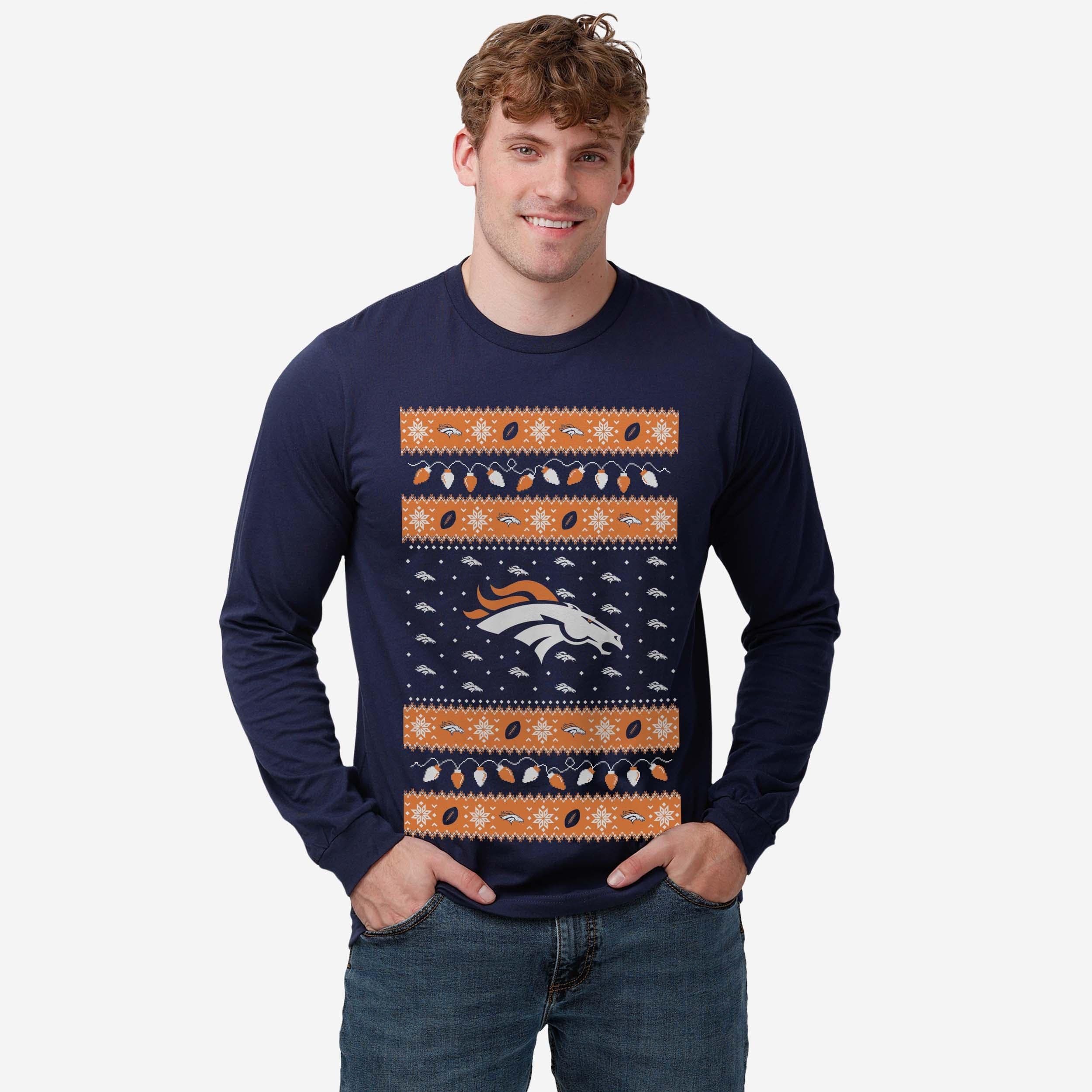 Denver Broncos Holiday Lights Sweater Long Sleeve T-Shirt - Image 2