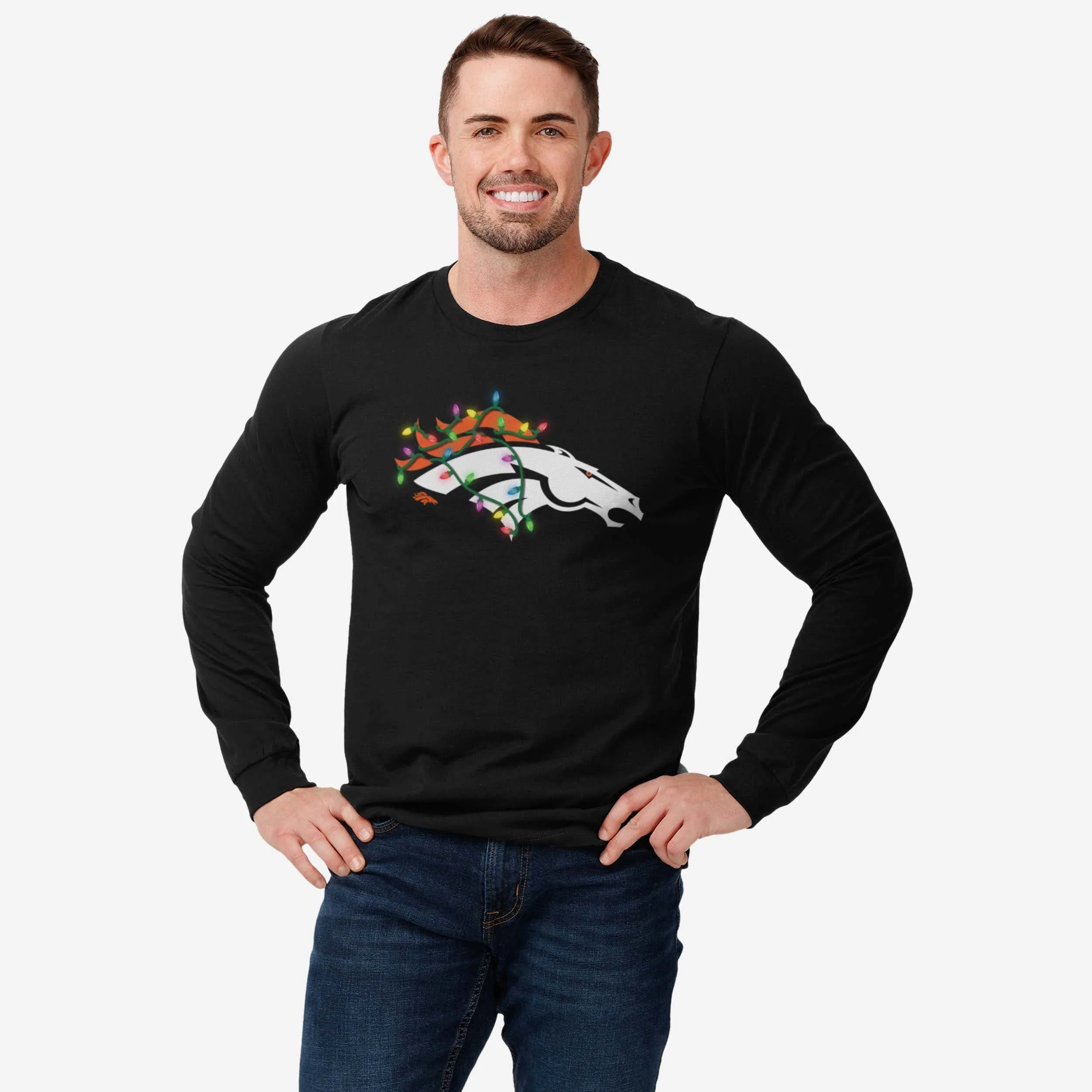 Denver Broncos Primary Logo Holiday Lights Long Sleeve T-Shirt - Image 2