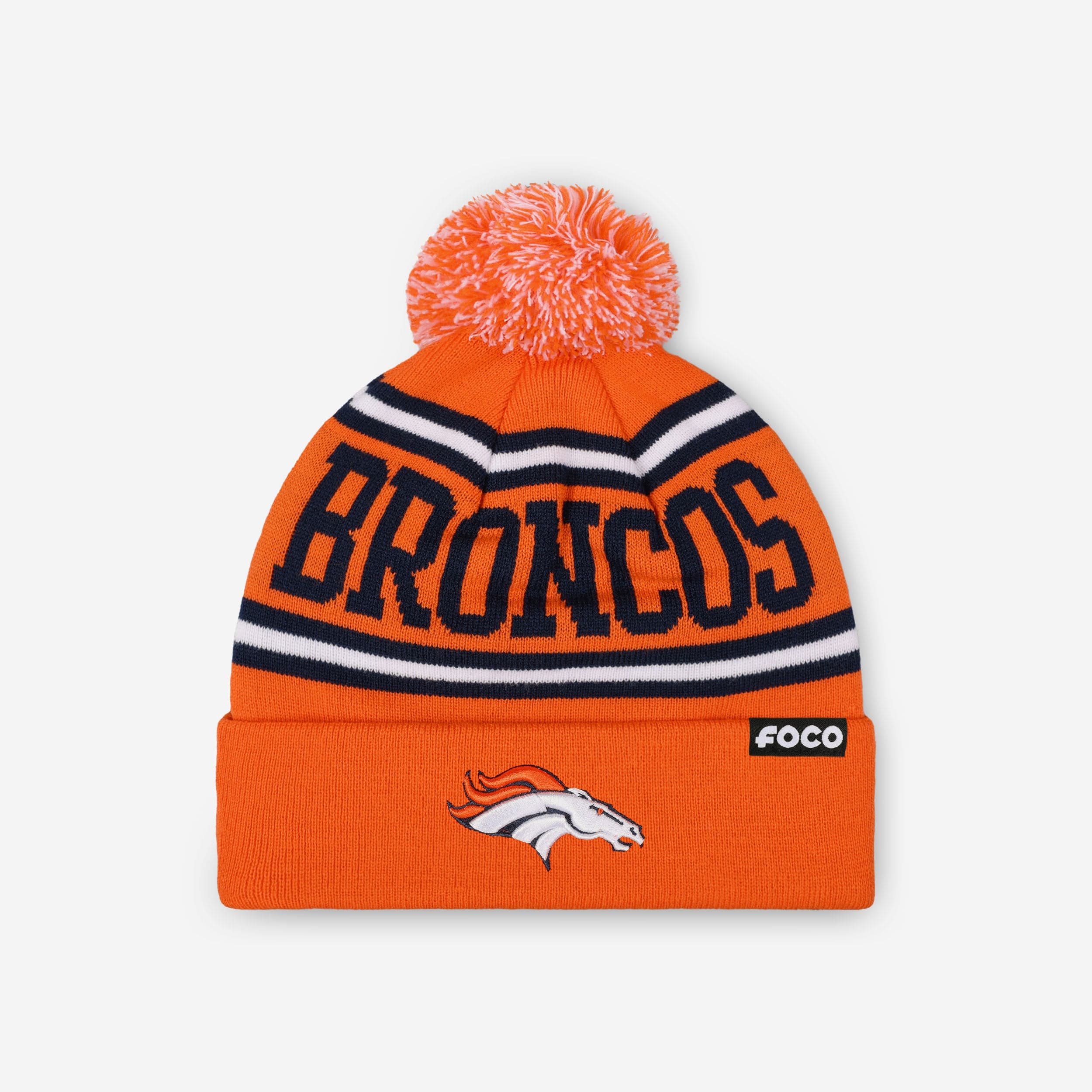 Denver Broncos Primary Logo Stripe Pom Beanie