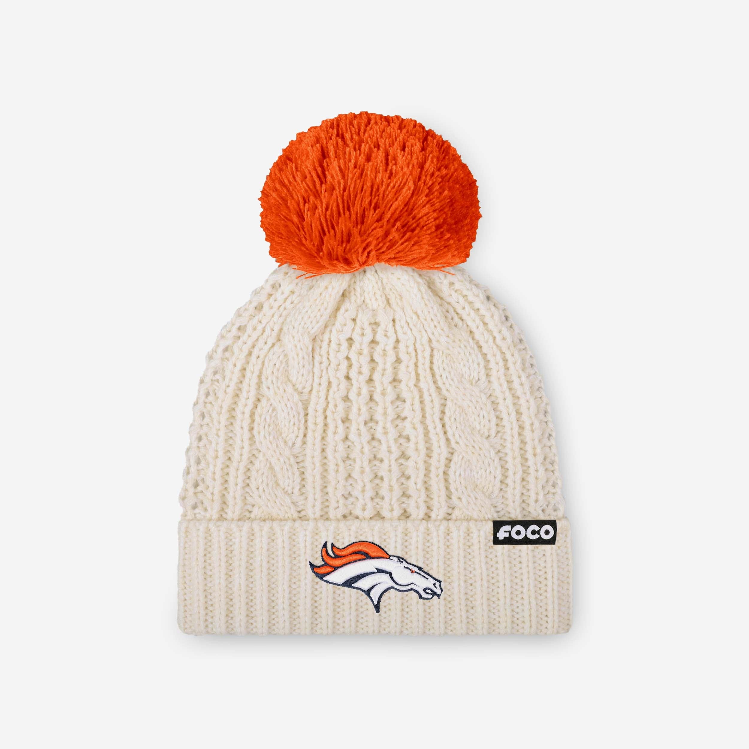 Denver Broncos Womens Primary Logo White Cable Knit Pom Beanie