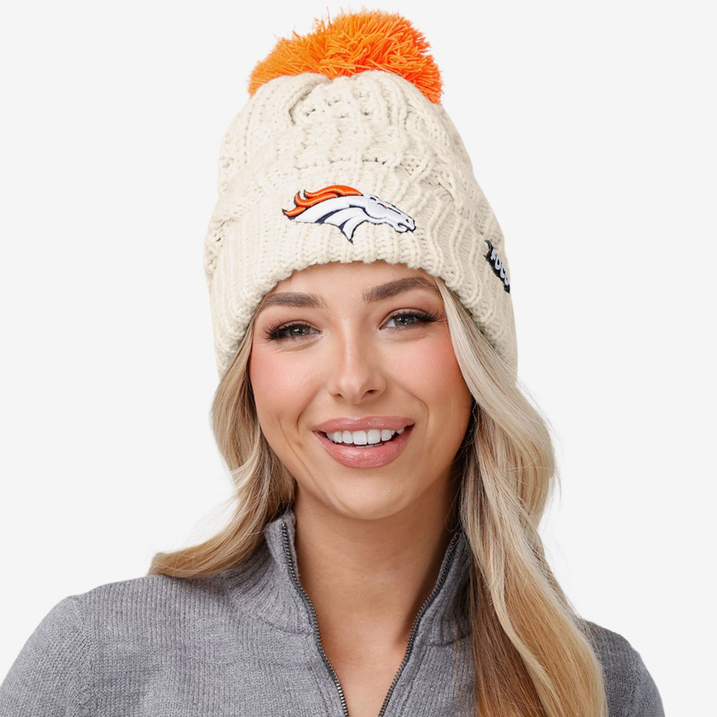 Denver Broncos Womens Primary Logo White Cable Knit Pom Beanie - Image 3